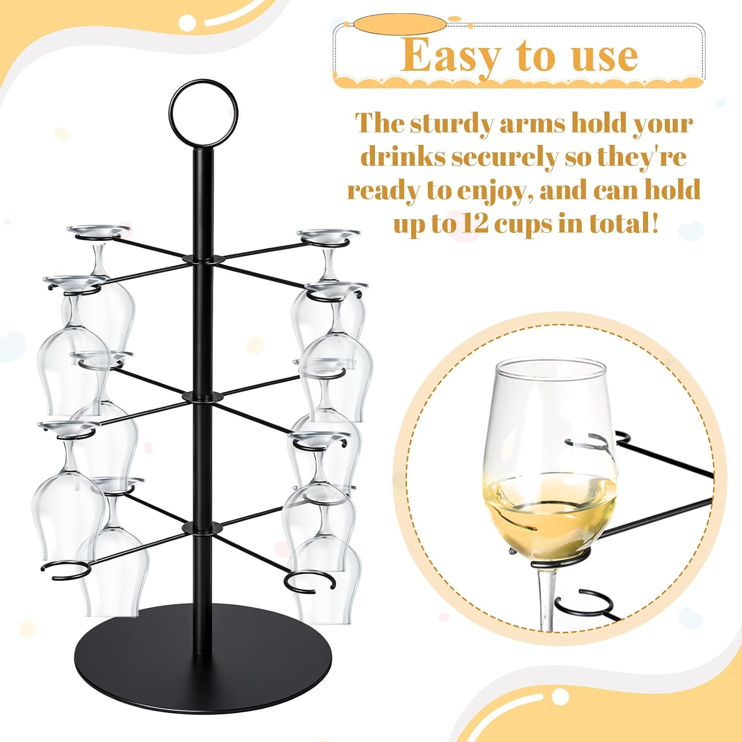 3 Tier 12 Holders Metal Drink Tower, Cocktail Tree Stand for Parties, Wine Glass Holder Stand for Bar Champagne Tower Martinis Stands Mimosa Towers