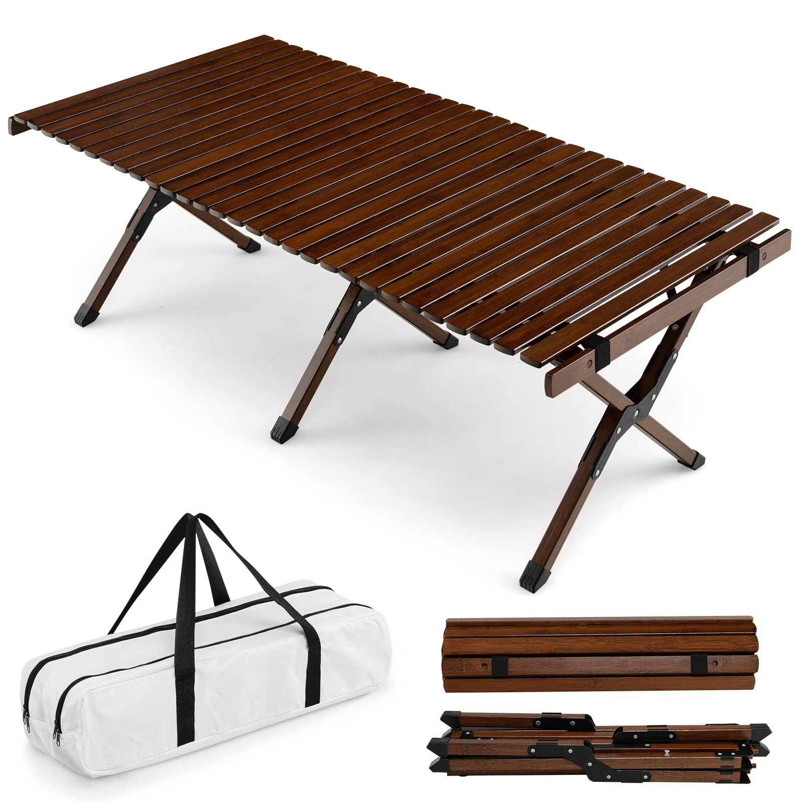 KOMFOTTEU Campingtisch faltbar aus Bambus, Picknicktisch klappbar mit Tragetasche, Klapptisch tragbar 122x60x43,5cm, Gartentisch aufrollbar für Camping, Grillen, Picknick (Braun)