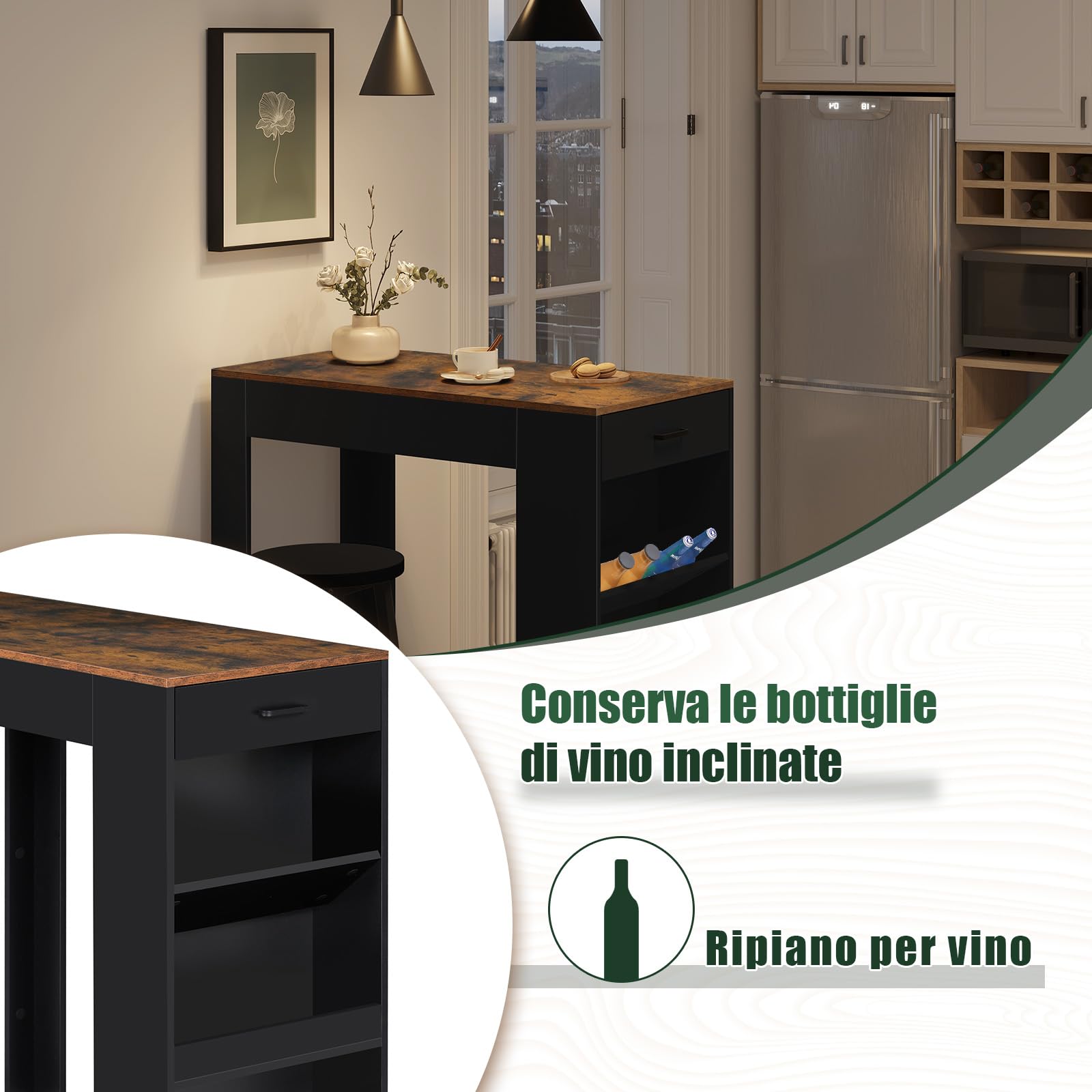 WOLTU Tavolo da Bar, Bancone da Bar con 1 Cassetto e 3 Ripiani, Tavolo Penisola per Cucina, Pub, Bistrot, Legno Ingegnerizzato (Senza assi di legno, Rustico + Nero, 100 x 50 x100 cm)
