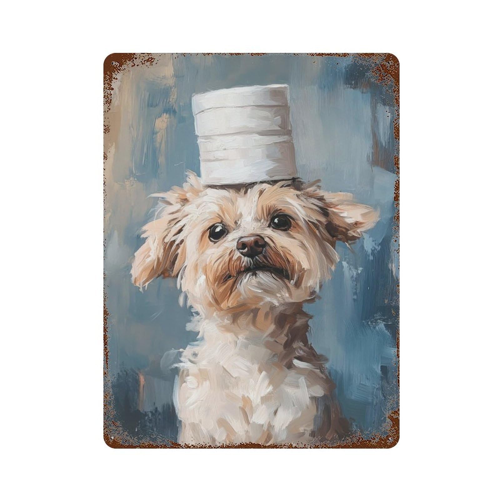 Dog with Toilet Paper Hat Weathered Tin Sign 15.7"x11.8", Retro Wall Decor for Pub, Kitchen And Man Cave Decor