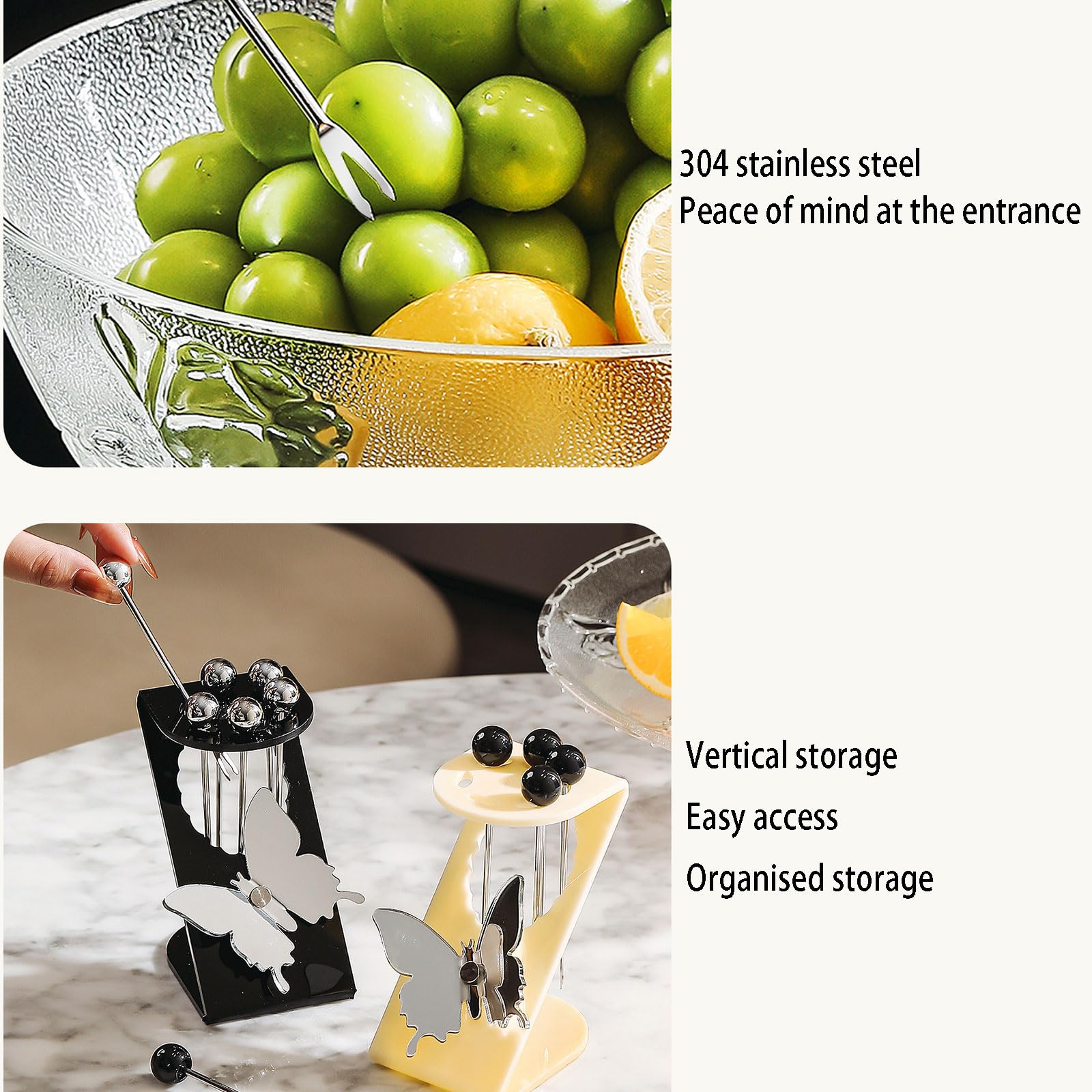 6 Pièces De Fourchettes De Fruits Dessert en Acier Inoxydable Réutilisables avec Support Unique Papillons Postuler À pour Gâteau Salade Cocktail Dessert Pique-Nique