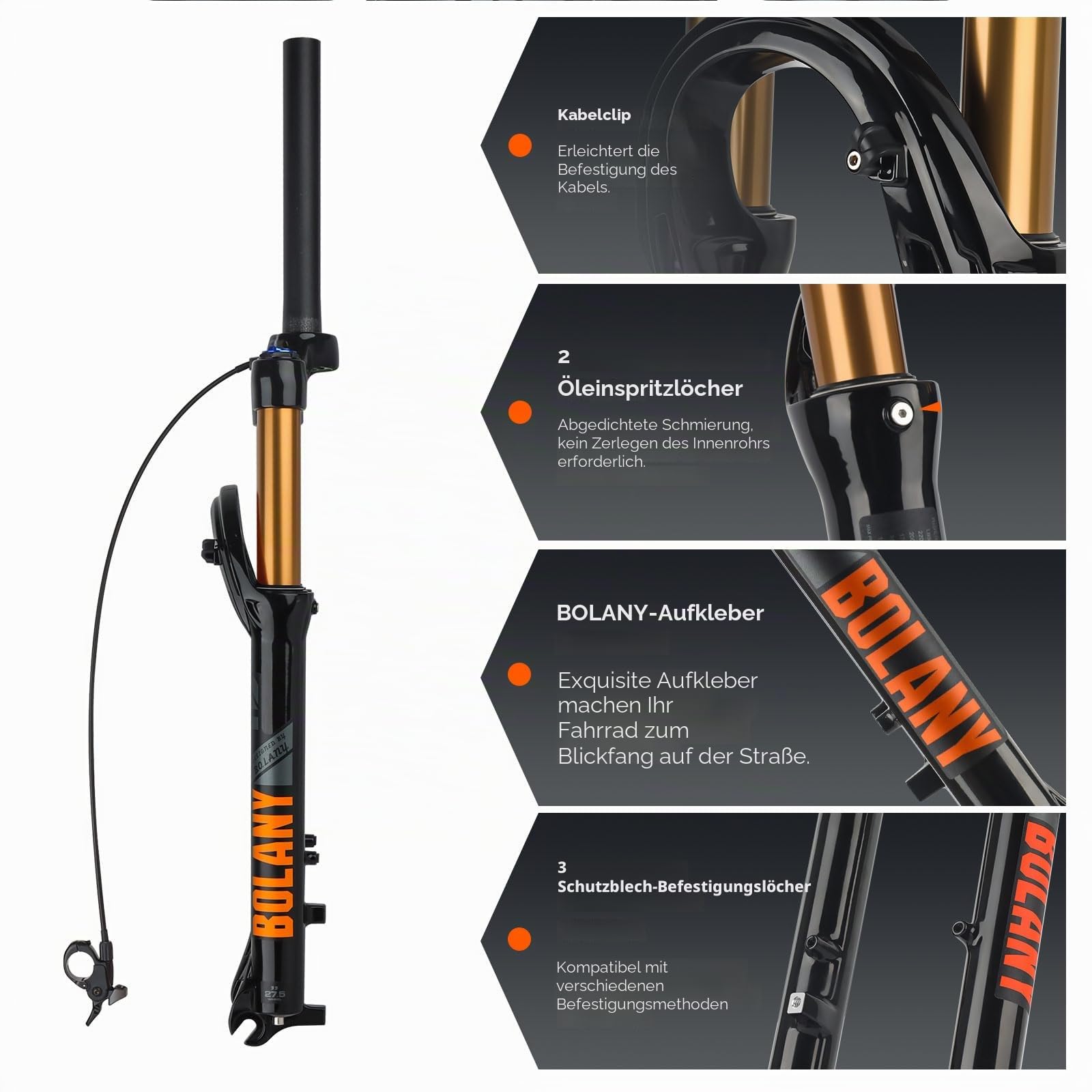 BOLANY 27.5/29Zoll MTB Luftgabel, 120mm Federweg Fahrrad-Federgabel 28.6mm (1-1/8inch) 220mm Gewindefreier gerader Gabelschaft 9x100mm QR Scheibenbremsversion
