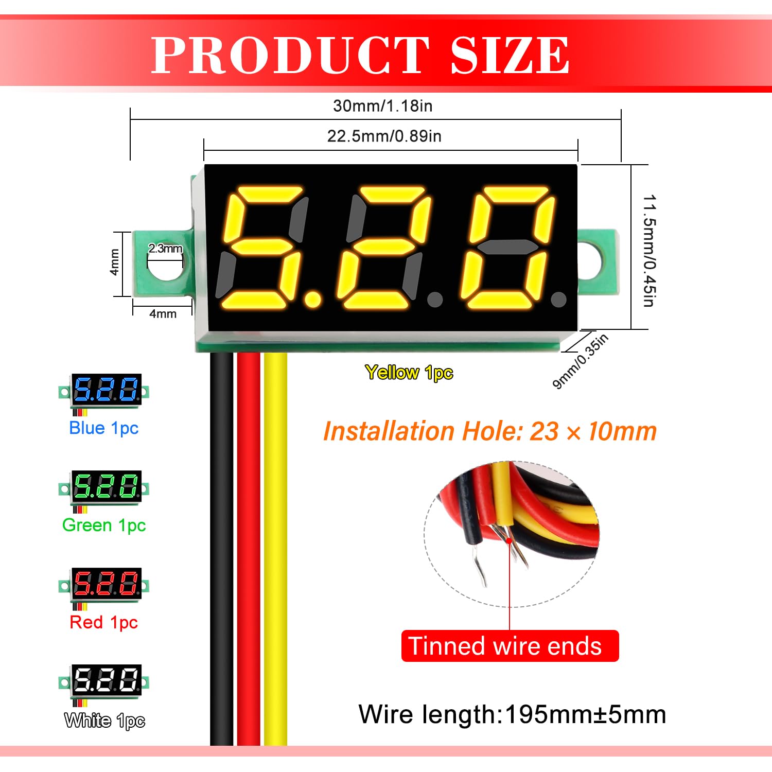 YIXISI Mini Digital LED Voltímetro 0.28" 0-100V DC 3 Cables Protección de Polaridad Medición Precisa (5 Colores)