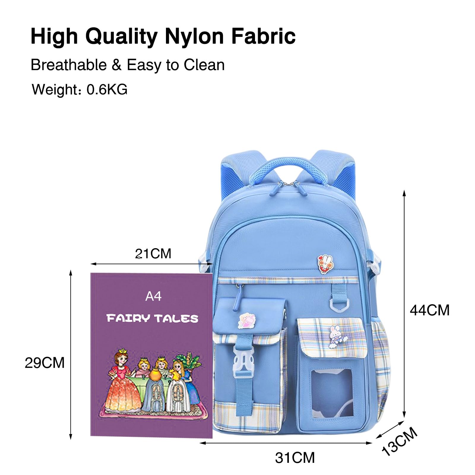 FANDARE Sac à Dos Enfant Maternelle Cartable Scolaire pour Filles Garçons - Sac d'École Voyage avec Pendentif en Peluche & Badge Mignon - Bleu Ciel