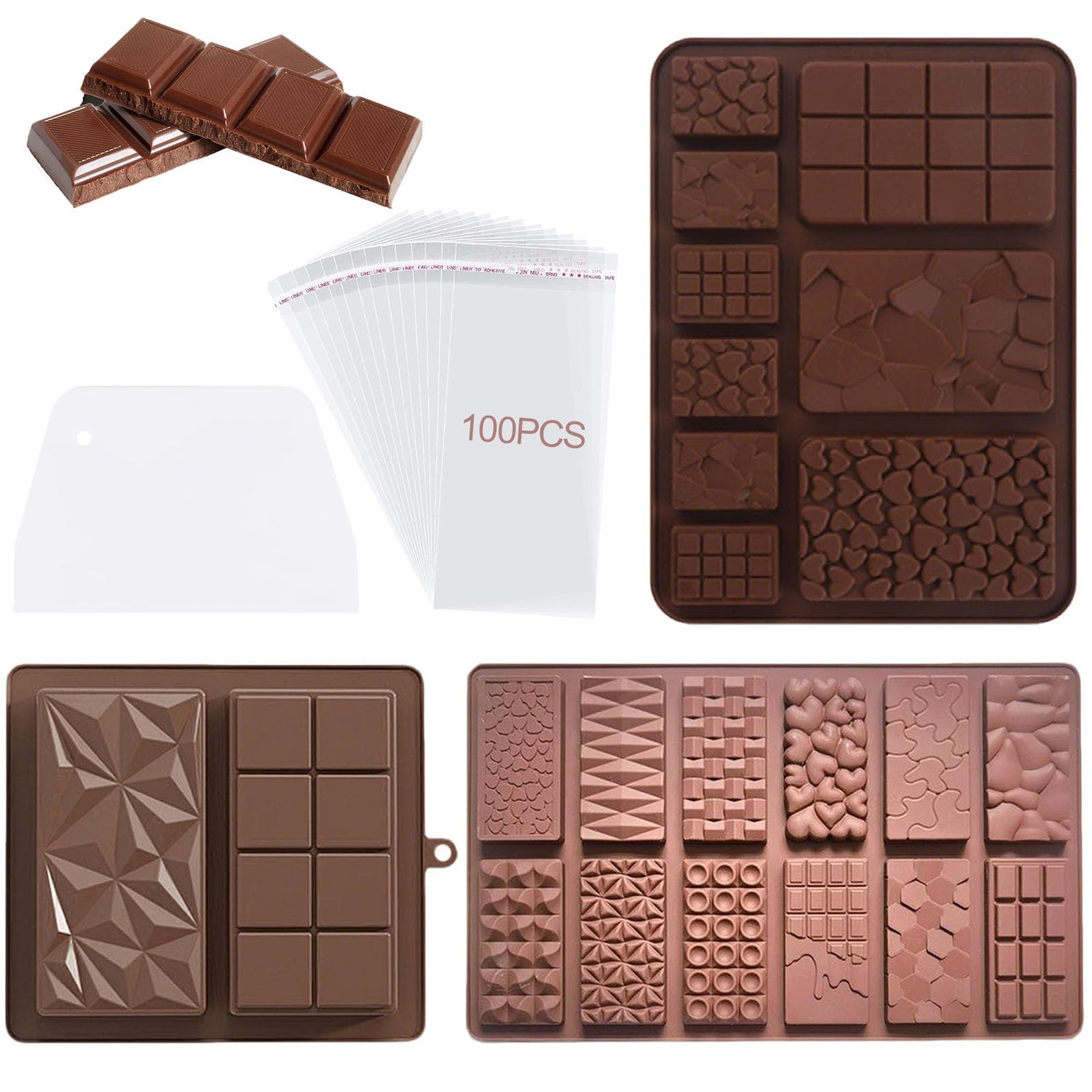 Silicone Chocolate Moulds, 3 Pcs Deep Chocolate Bar Molds with 100 Pcs Bags and 1 Scraper, Reusable Non-Stick Silicone Molds for Choclate Bars, Food-Grade & Easy Release