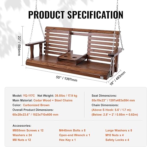 Miniatura 7 de VEVOR Columpio de madera para porche de 5 pies, columpio para patio y jardín, capacidad de carga fuerte mejorada de 880 libras, banco de silla
