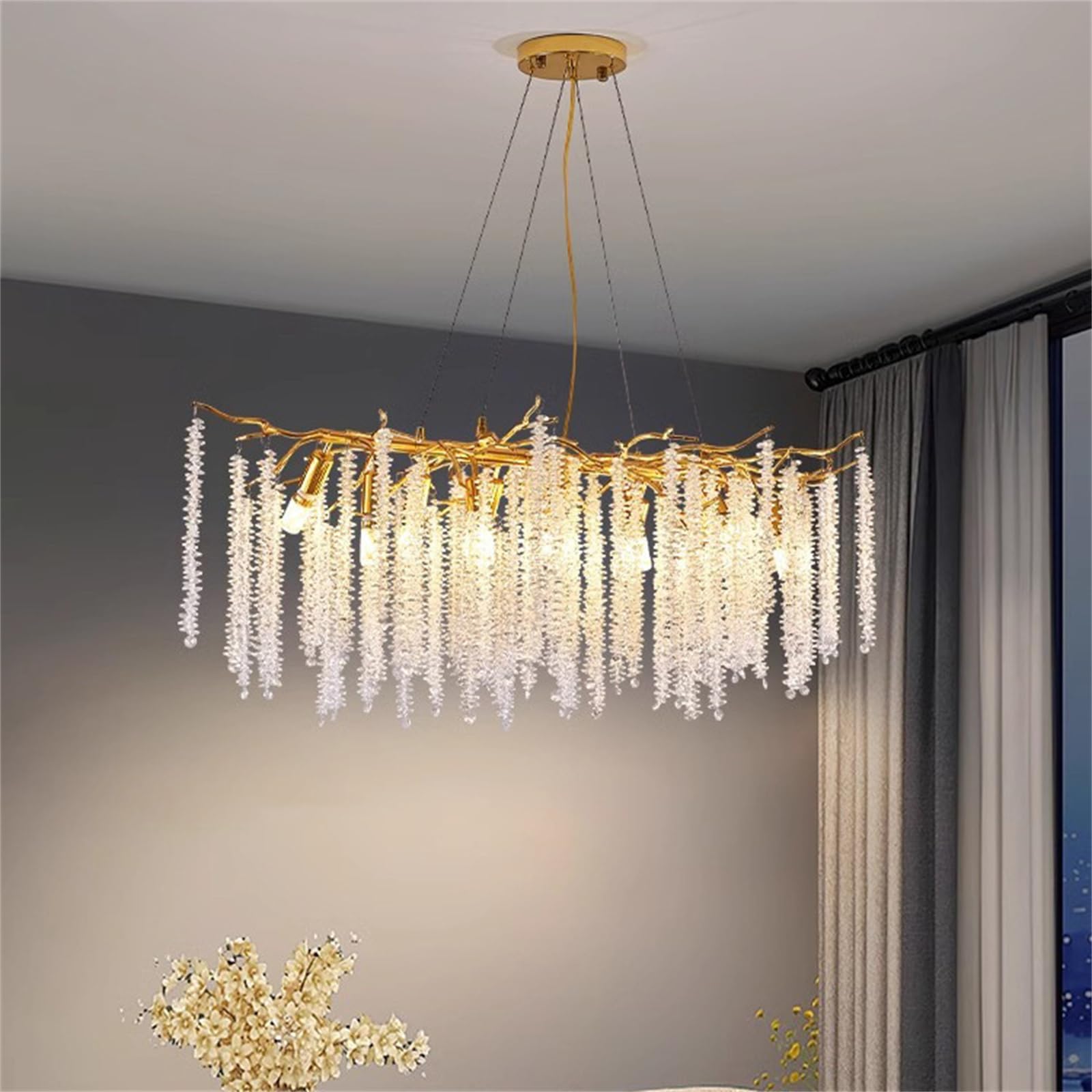 KXEcoLife Tree Branch Chandelier L120cm Luxury Rectangular Crystal Raindrop Pendant Light 12 Lights Kitchen Island Hanging Fixture for Living Room Dining Foyer Entryway