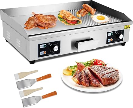 29" Commercial Electric Griddle, 3000W Half Grooved Teppanyaki Grill, Stainless Steel Electric Countertop Griddle With Drip Hole, 122F-572F Electric Griddle for Kitchen Restaurant