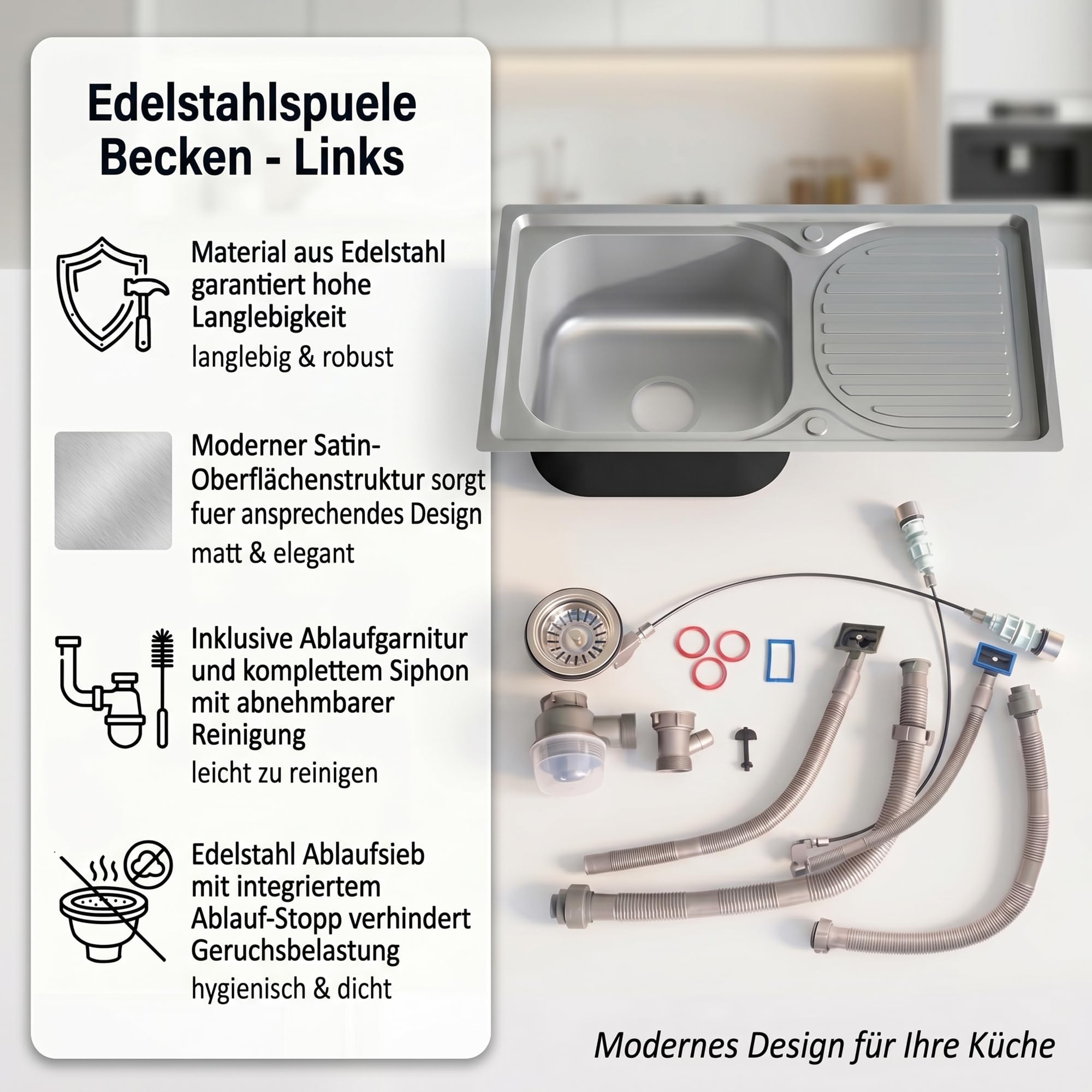 Mucola Einbauspüle Küchenspüle Edelstahl mit Abtropffläche 76x42 cm Silber | Becken links 36,5x33,5 cm, Excenter-Drehknopf für den Wasserablauf, satinierte Leinenstruktur, kratzunempfindlich