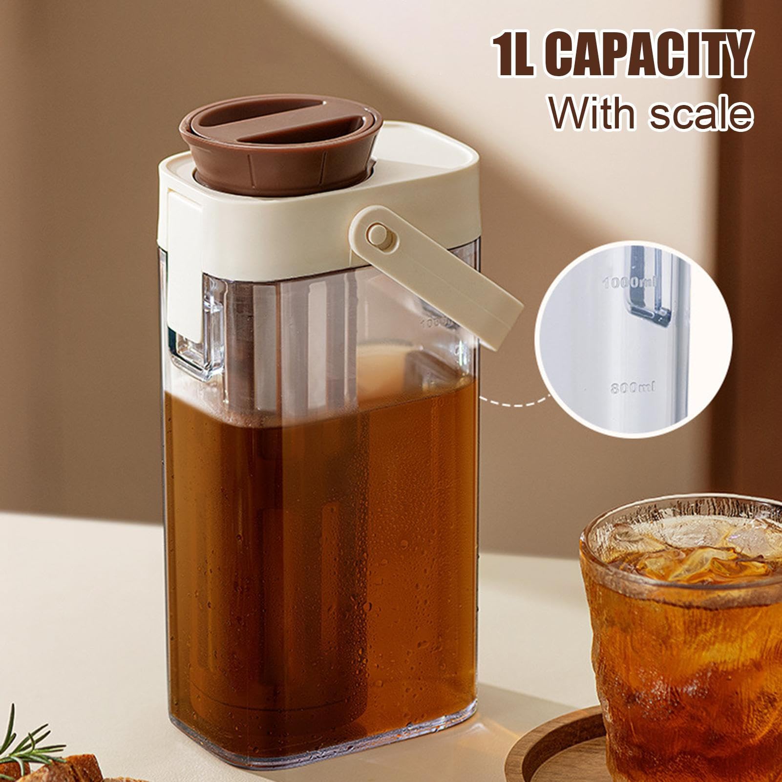 Cold Brew Coffee Maker Jar - 1000ml Ice Tea Brewer Pitcher | Capacité Théière avec poignée | Pichet polyvalent | Cafetière pour froide de café Limonade Fruits Conteneur