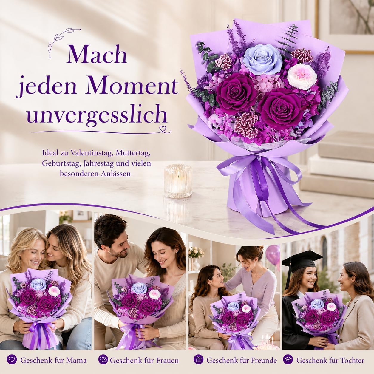 Ewiger Blumenstrauß Dunkellila, konservierte Rosen, für Frauen Mama | Echte konservierte Rosen,jahrelang haltbar; mit Geschenkbox; zum Muttertag, Geburtstag, Jahrestag für Mama, Oma, Ehefrau