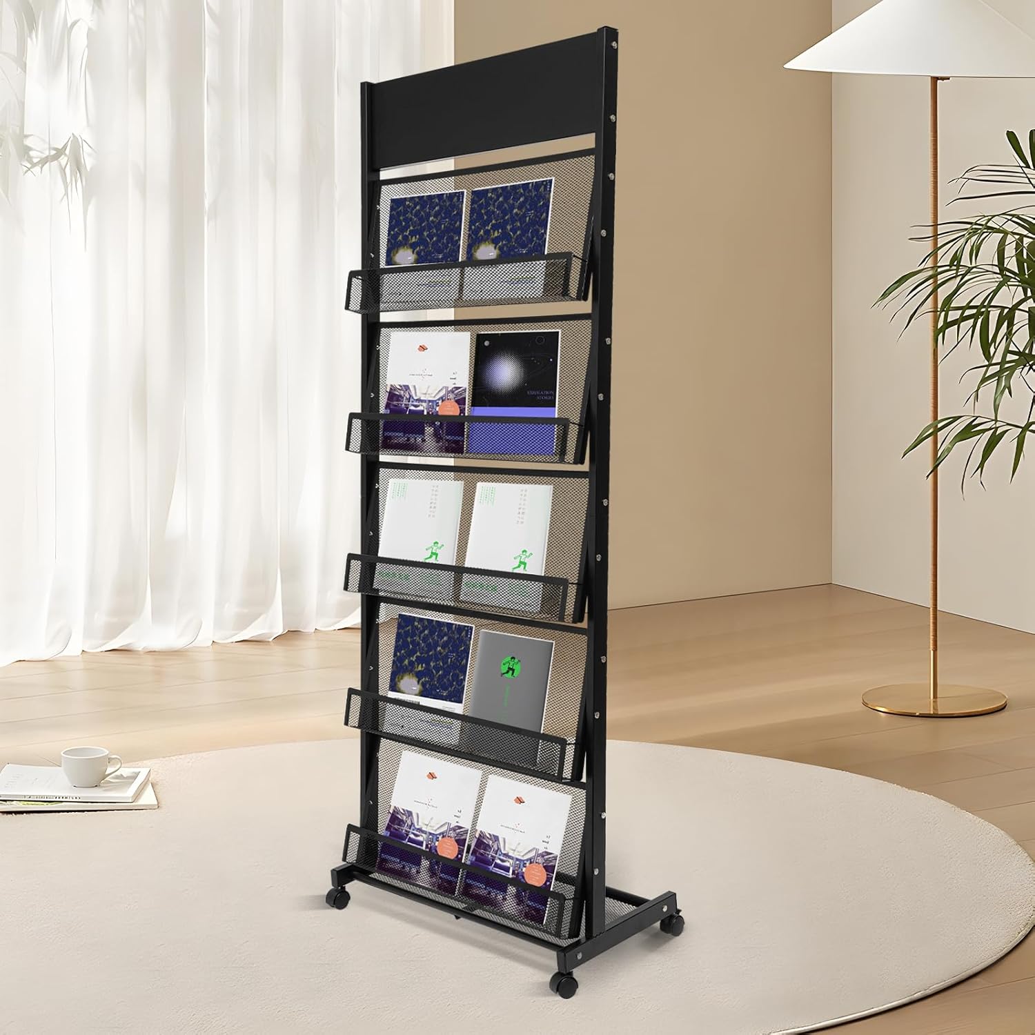 5 Tier Magazine Display Stand on Wheels Movable Floor Standing Magazine Holder Wide Catalog Literature Rack Floor Standing 5 Layers Brochure Display Stand Wide for Exhibitions Office Trade Show