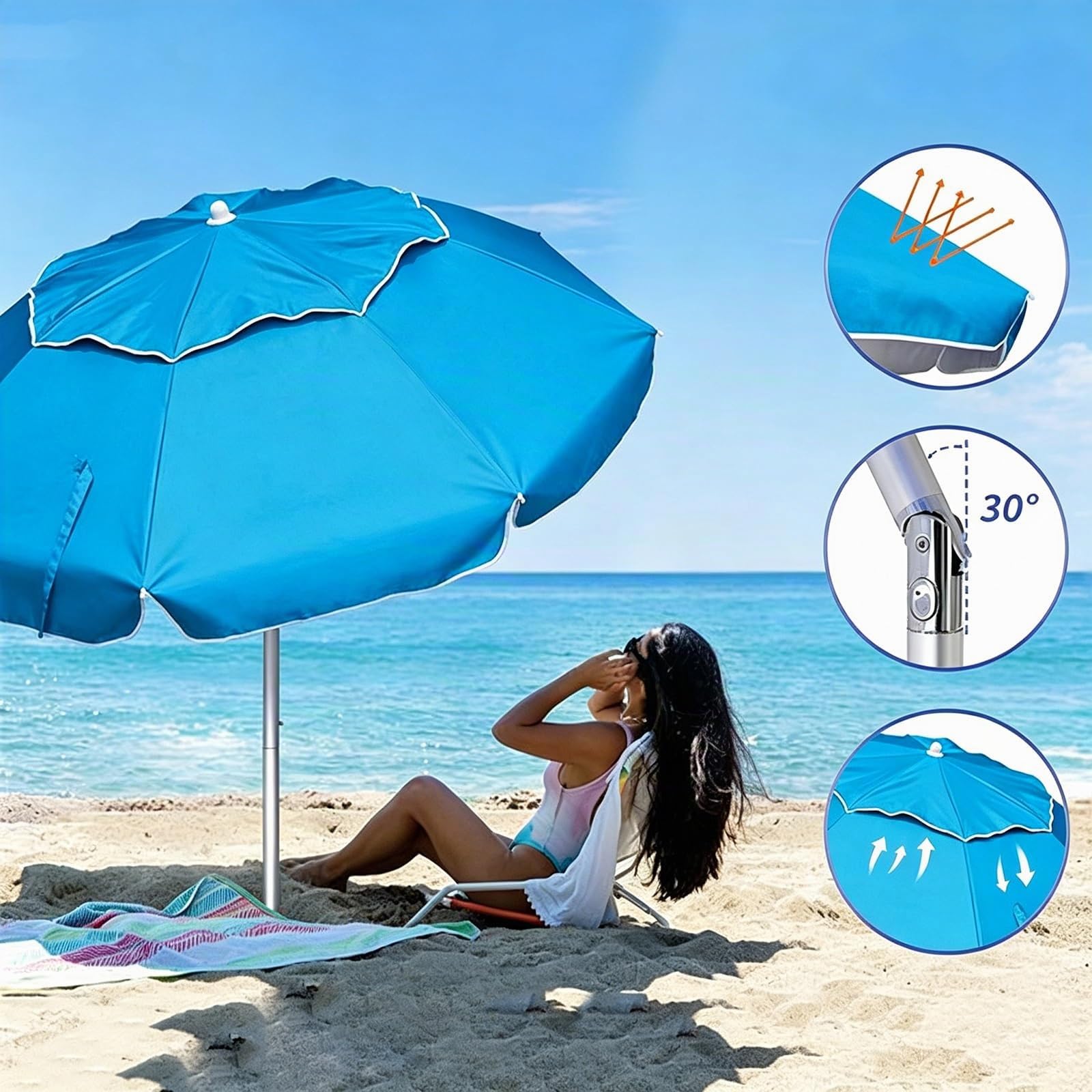 Parasol De Plage Portable 2m Avec Ancre À Sable, Protection Solaire UPF 50+, Parasol Pliable Télescopique 3 Sections, Inclinaison Réglable Pour Voyage, Camping, Terrasse, Jardin, Piscine(Light blue)