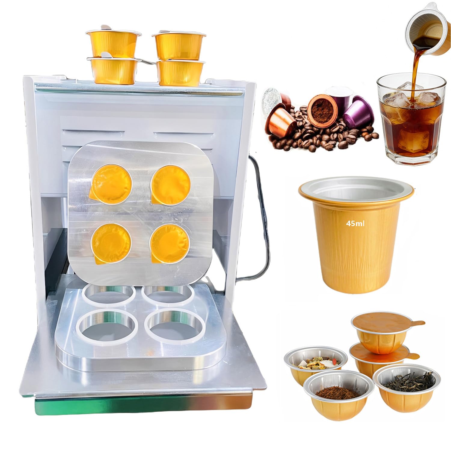 HADECOLL Manual Heat Sealing Machine with LCD Control for Aluminum Foil Cups, 300W Electric Sealer for Coffee Pods and Takeaway Use,45ML