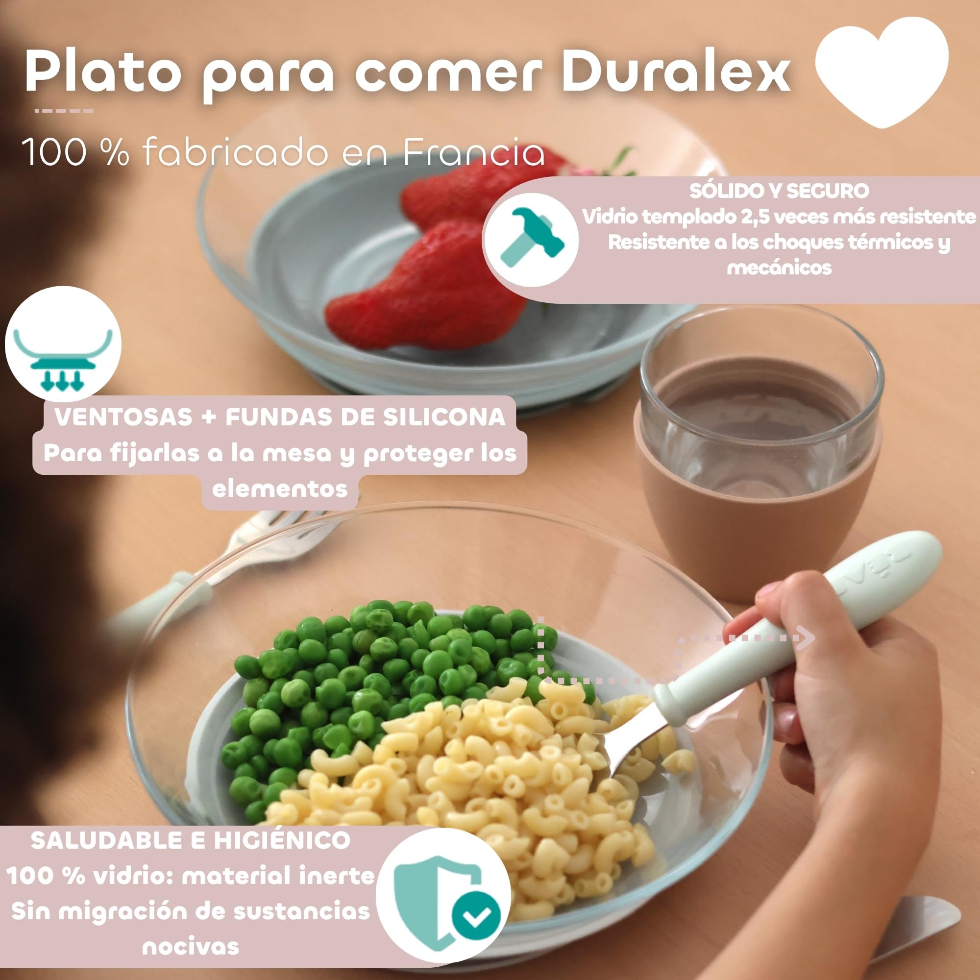 BÉABA x DURALEX, Set Bebé y Niño, 3 Platos de Vidrio Templado con Ventosas, Resistente, Saludable, Duradero y Fabricado en Francia, Misty Green