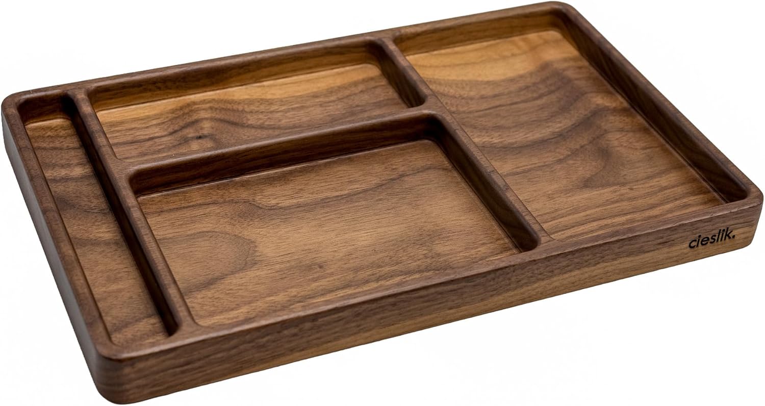 cieslik Solid Walnut Personal Organizer with 4 Compartments, Cable Slots, Desktop Tray for Digital Accesories (No Cable Slots)