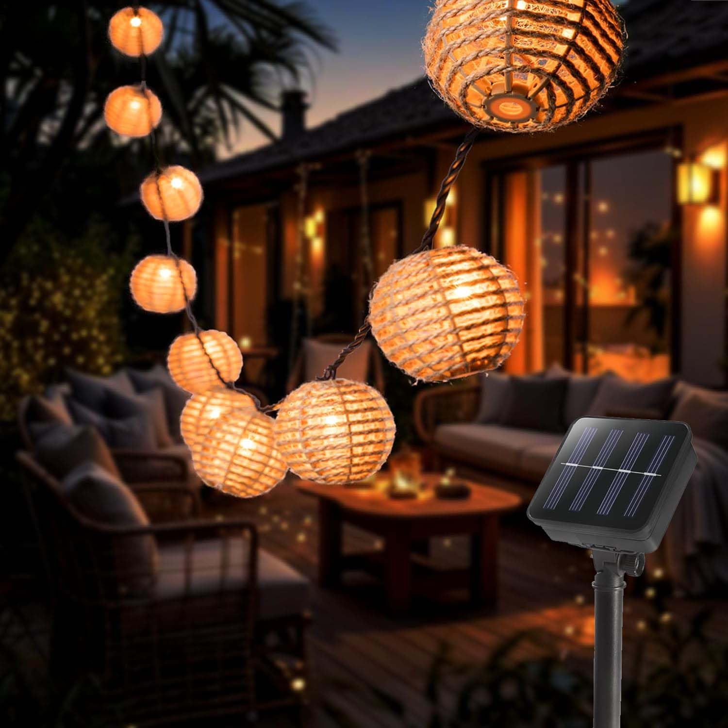 Sunshine smile Guirnaldas Luces Exterior Solar Cordel De Luz,10 Bolas De Ratán Led Blanco Cálido,8 Modes Interior y Exterior Cadena De Luces,Luz Solar Impermeable Para Jardín