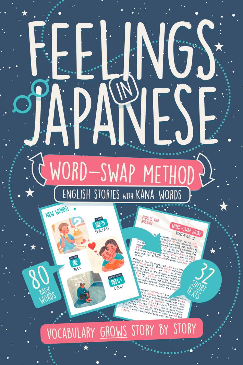 Feelings in Japanese Word-Swap Method: English Stories with Kana Words. Vocabulary Grows Story by Story. Learn 80 Basic Words with 32 Short Texts