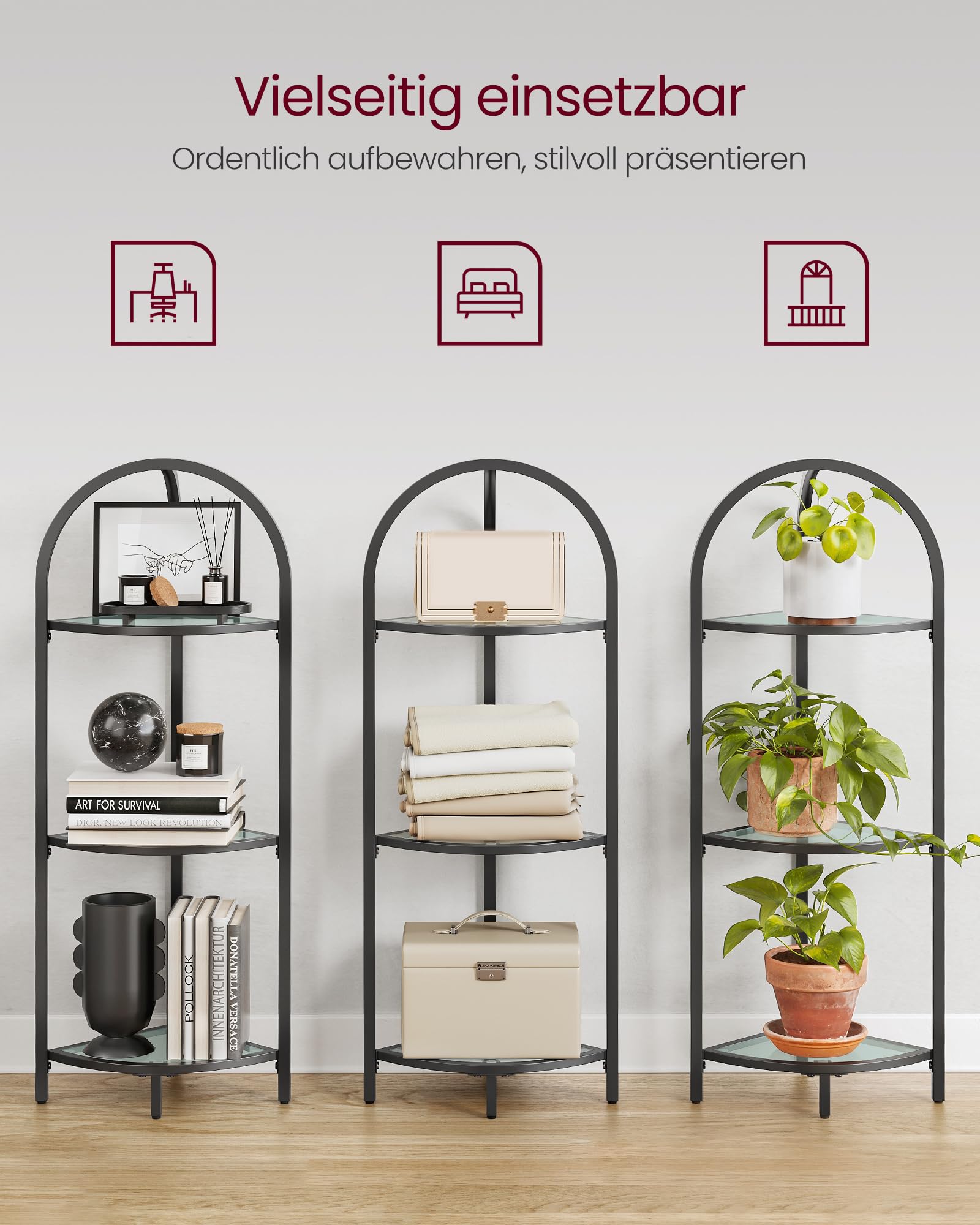 VASAGLE Eckregal 3 Ebenen, Bücherregal, Pflanzenregal, Standregal, Badezimmerregal, Ablagen aus Hartglas, Stahlrahmen, modern, für Wohnzimmer, Küche, klassikschwarz LGT811B61