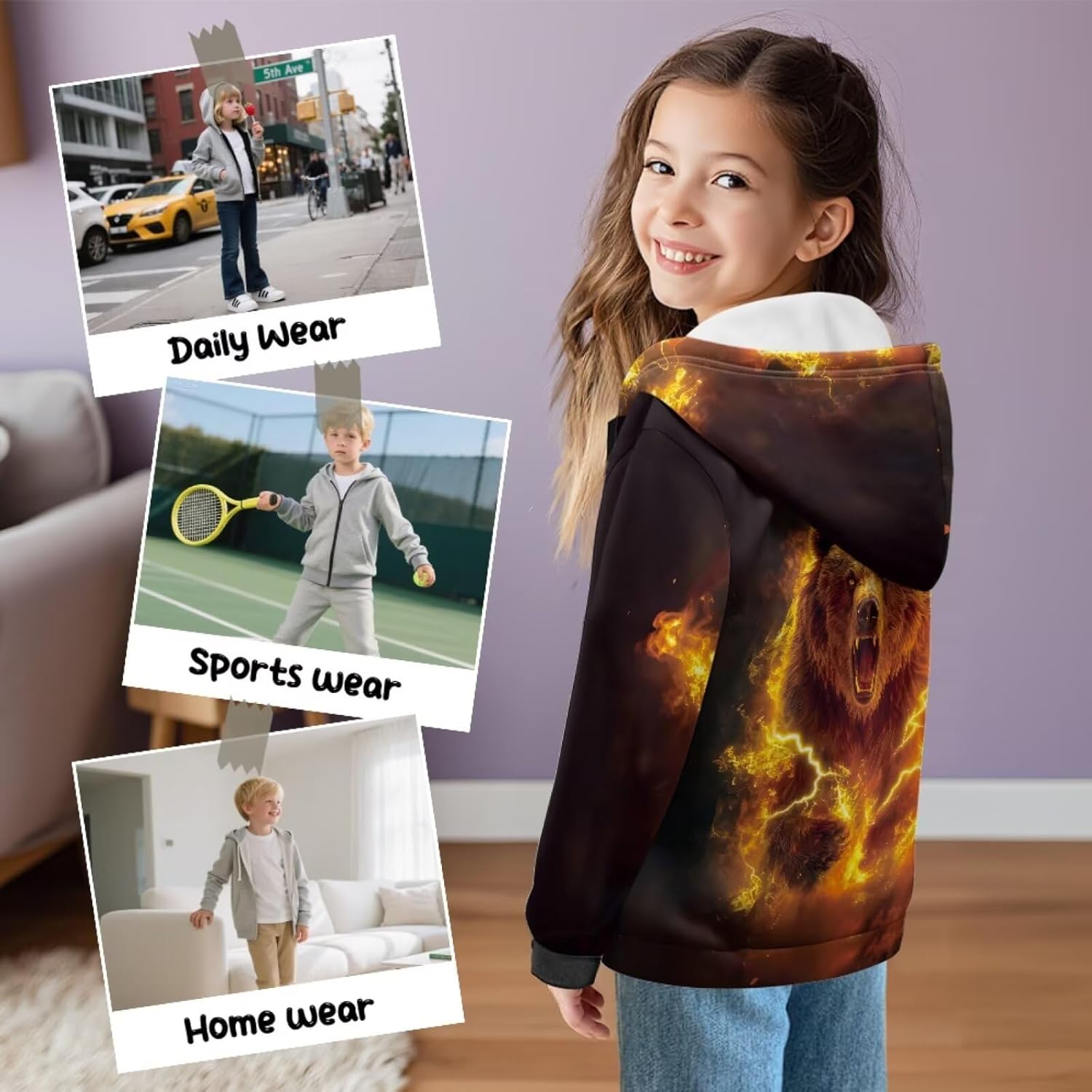 WELLFLYHOM Zip Up Boys Sweatshirt Graphic 6-16 Long Sleeve Fleece Lining Hoodie Kangaroo Pocket Full Zip Kids Sweater - Image 4