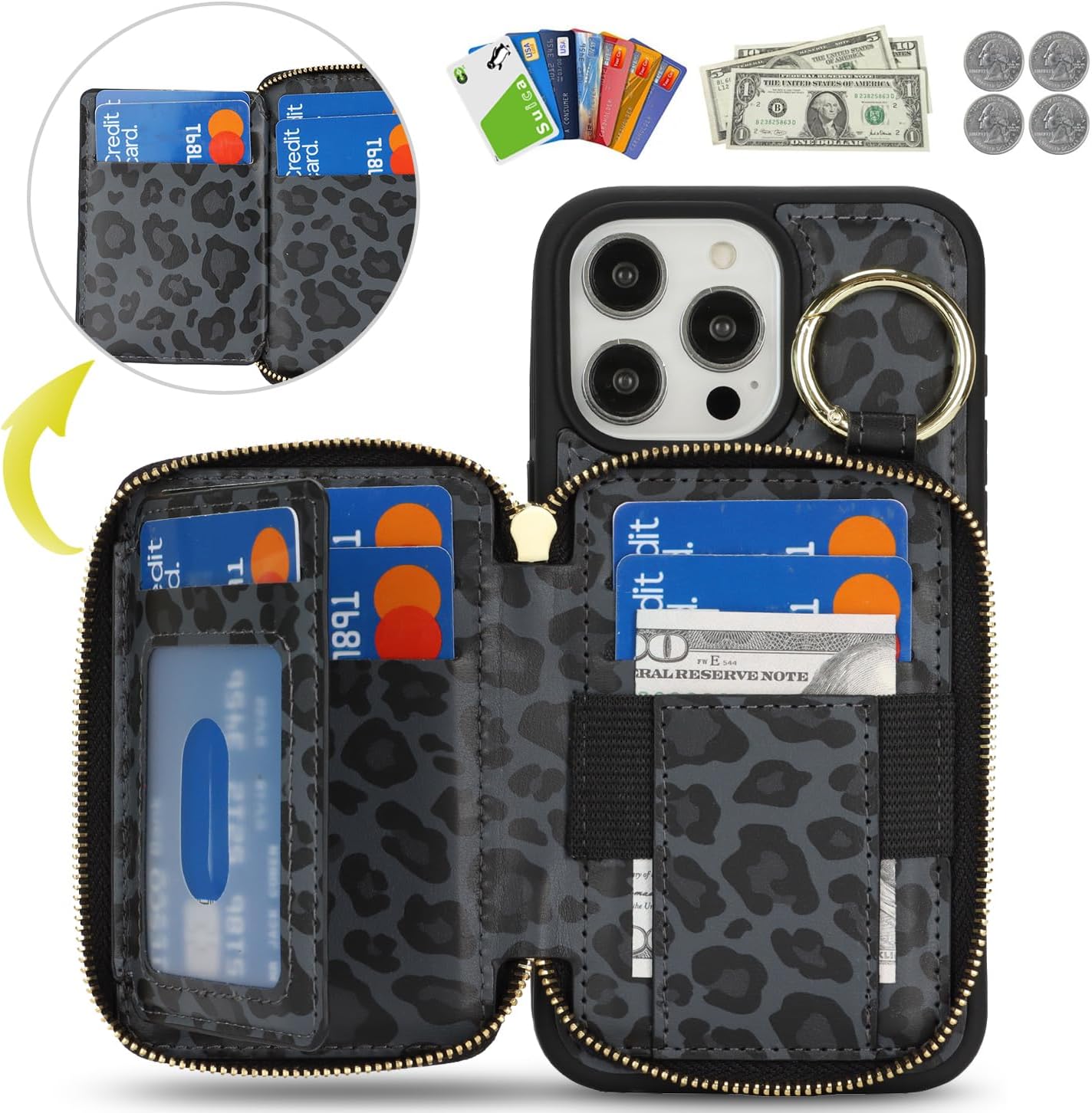 for iPhone 15 Pro Max Case Wallet with Card Holder,for iPhone 15 Pro Max Phone case Wallet with Zipper with Slot Kickstand Stand Case for Women and Man 5G 6.7 Inch-Black Leopard