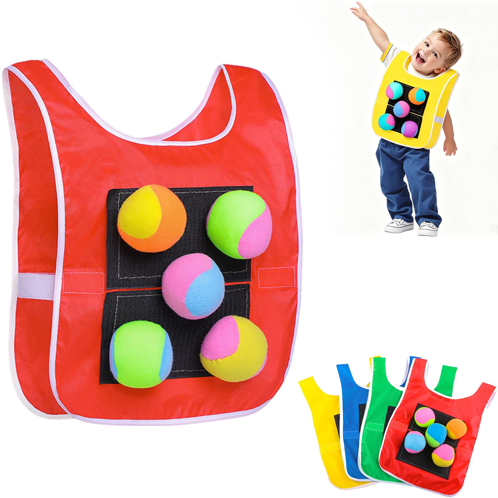 Stick Ball Vest for Kids, Dodgeball Target Vest Game with 5 Soft Balls, Outdoor Playground Throwing & Catch Game, Family Fun Yard Game, Parent-Child Coordination Toy (Red, Kid)
