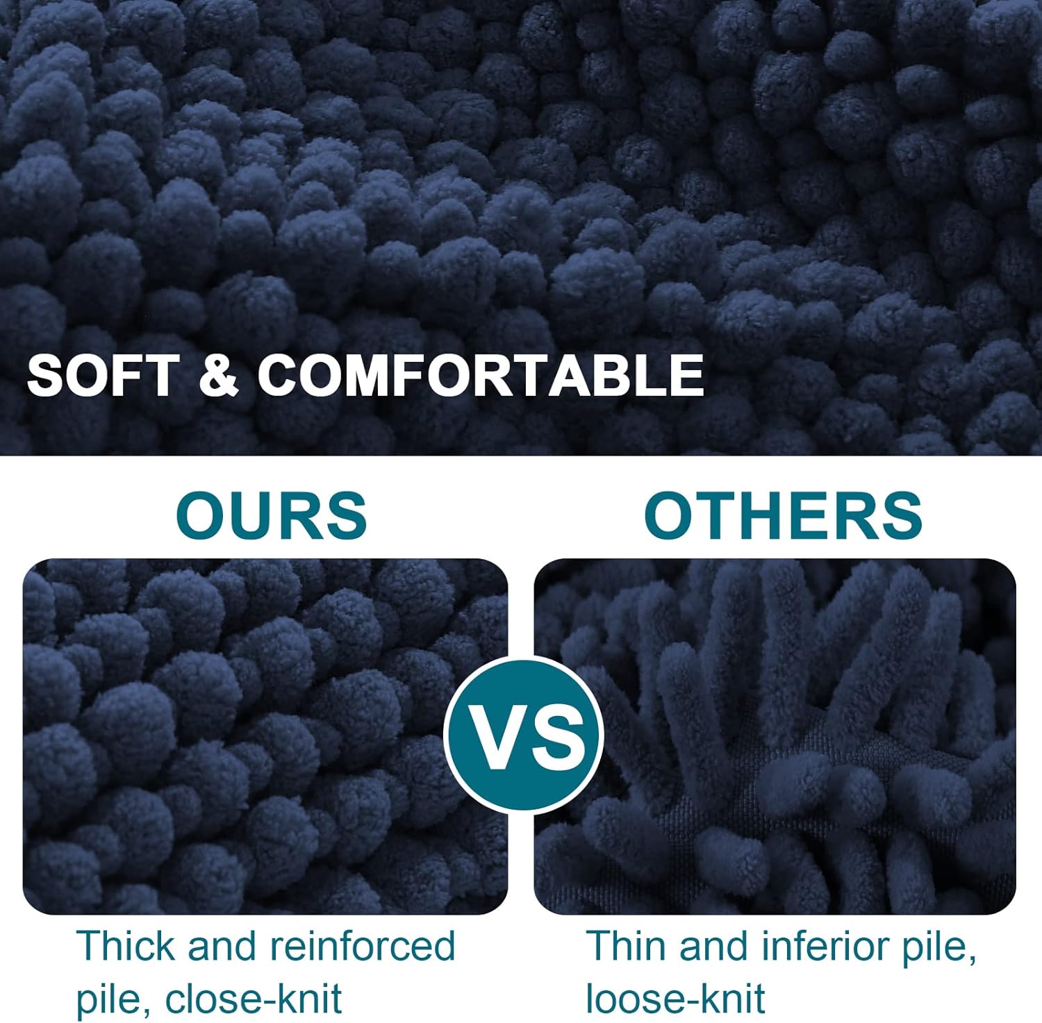 Turquoize Bathroom Rugs Non-Slip Chenille Bath Mat for Bathroom 20 x 32 Inches Extra Soft and Absorbent Shaggy Rugs, Machine Washable Perfect for Bathtub and Shower Floor, 32" X 20", Navy