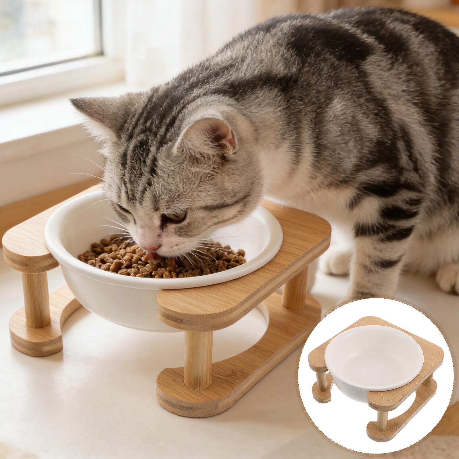 Abaodam Erhöhter Katzennapf mit 600 Ml Keramik Weißer Holzständer Futternapf für Kleine Katzen und Hunde Stabiler Futter und Wassernapf für Drinnen und Unterwegs