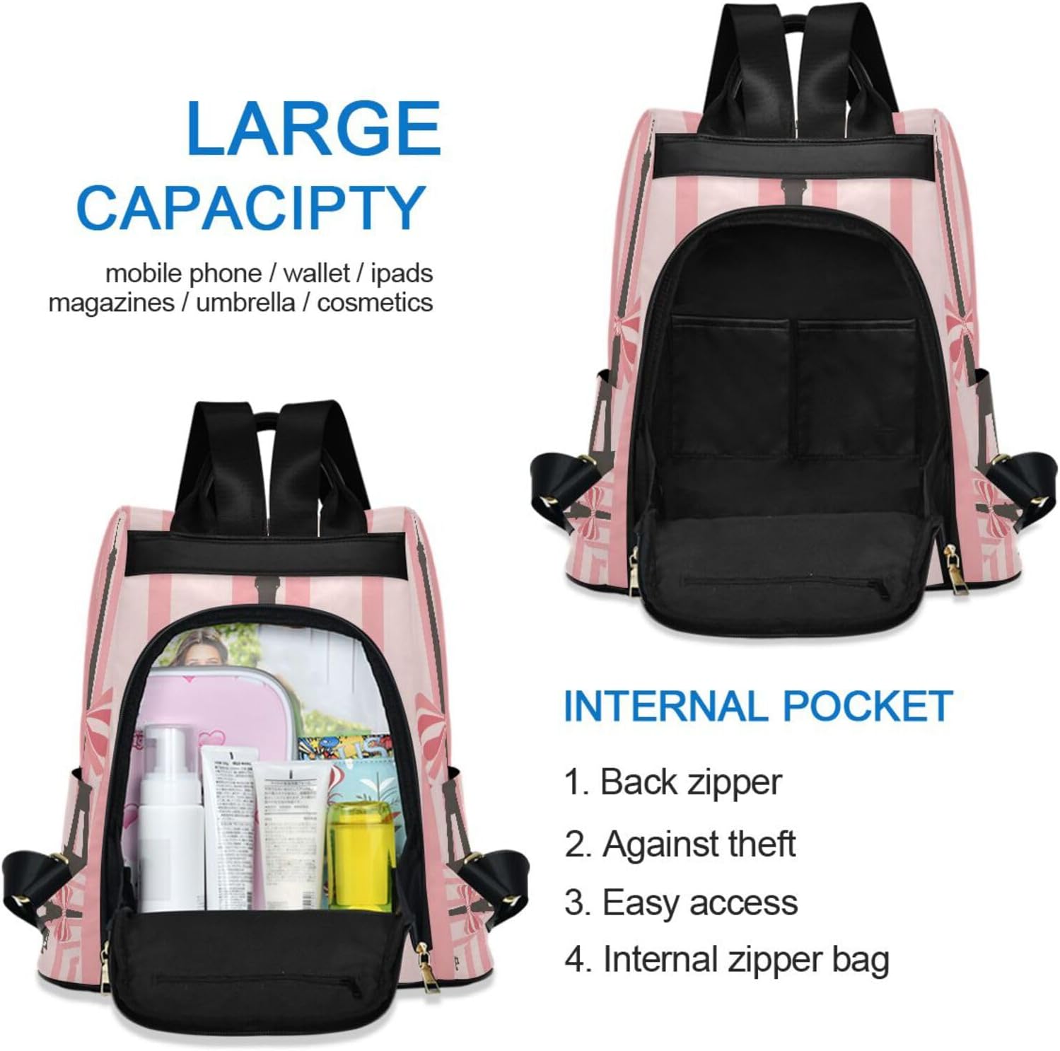 ALAZA The Pink and White Stripes Of The Eiffel Tower Backpack Purse for Women Anti Theft Fashion Back Pack Shoulder Bag