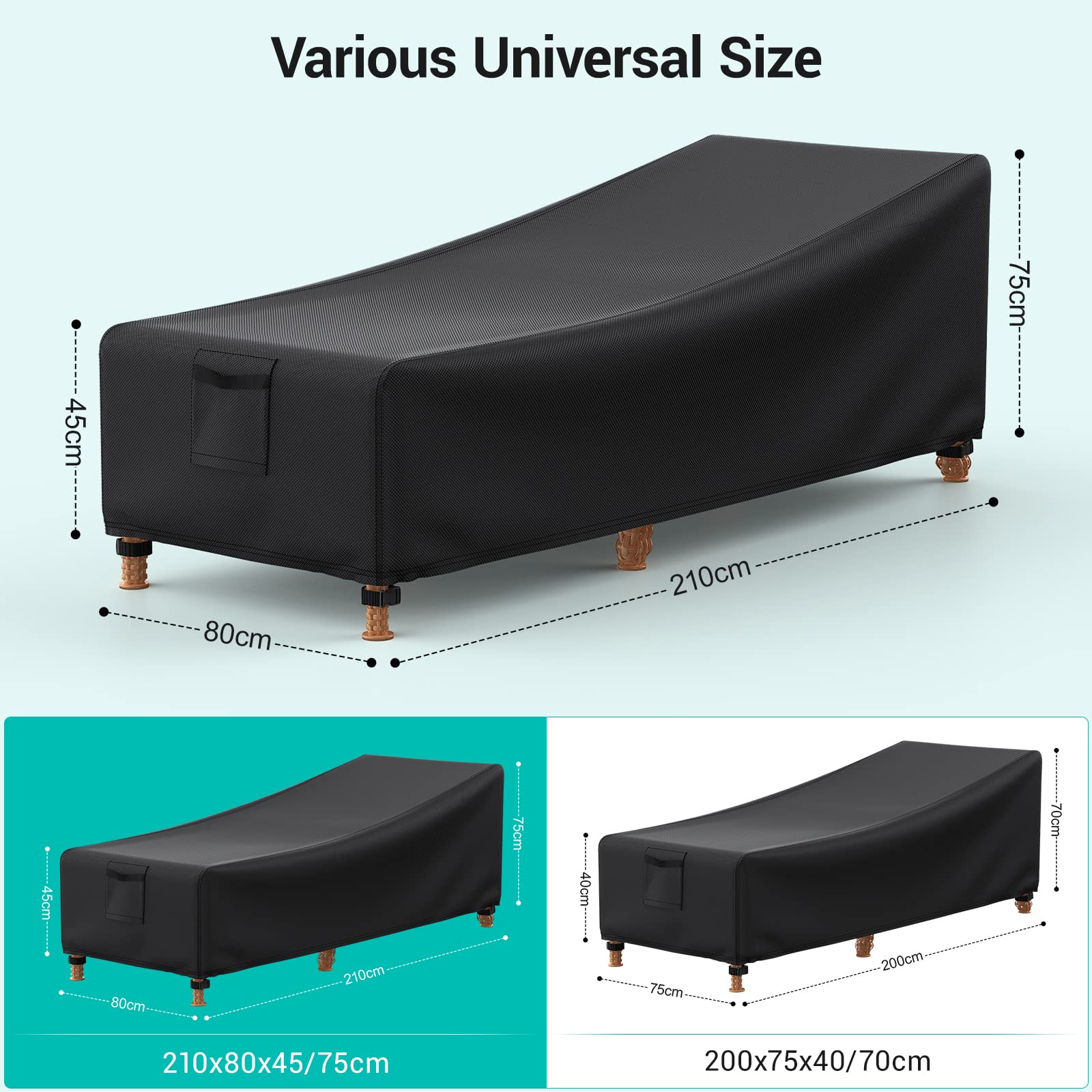 Copertura Lettini da Giardino 210x80x45/75 cm con Presa d'aria, 600D Coperture per Lettini Prendisole Impermeabile con Rivestimento in PU, 4 Fibbie e Coulisse Copri Sdraio da Giardino