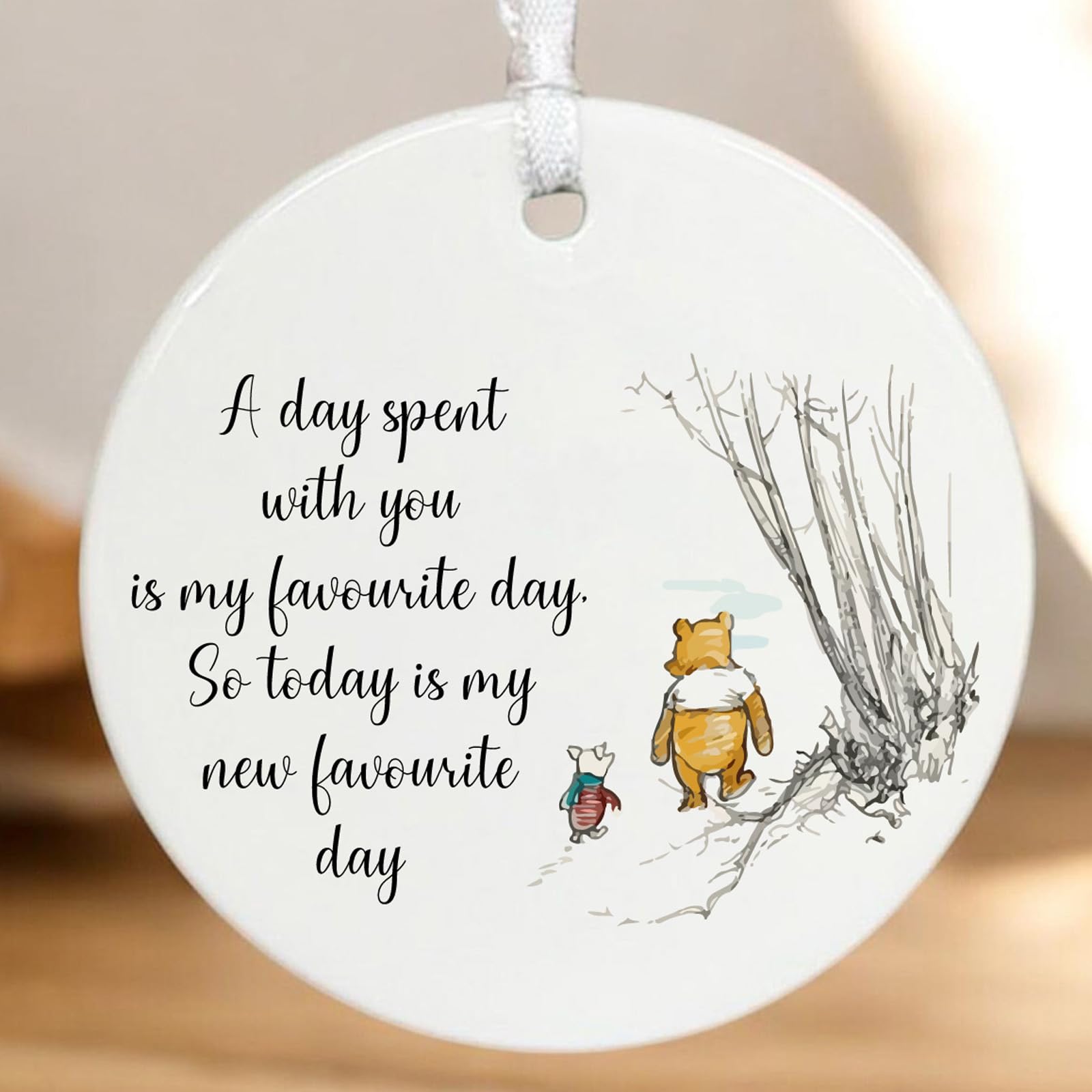 Luck And Luck White Personalised Winnie The Pooh Friendship Porcelain Hanging Ornament Bauble, Custom Holiday Decoration, Gift Idea