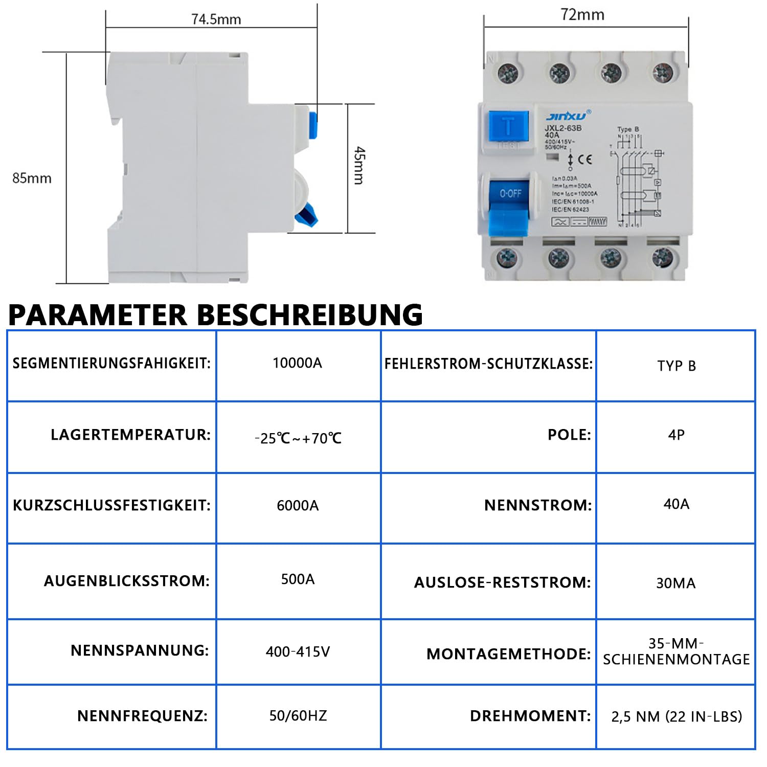 Fehlerstrom-Schutzschalter 4P Typ B, FI Schutzschalter 40A 30mA 4Polig, Fehlerstromschutzschalter Allstromintensiv Schalter Automat Sicherung für Wallboxen Ladestationen