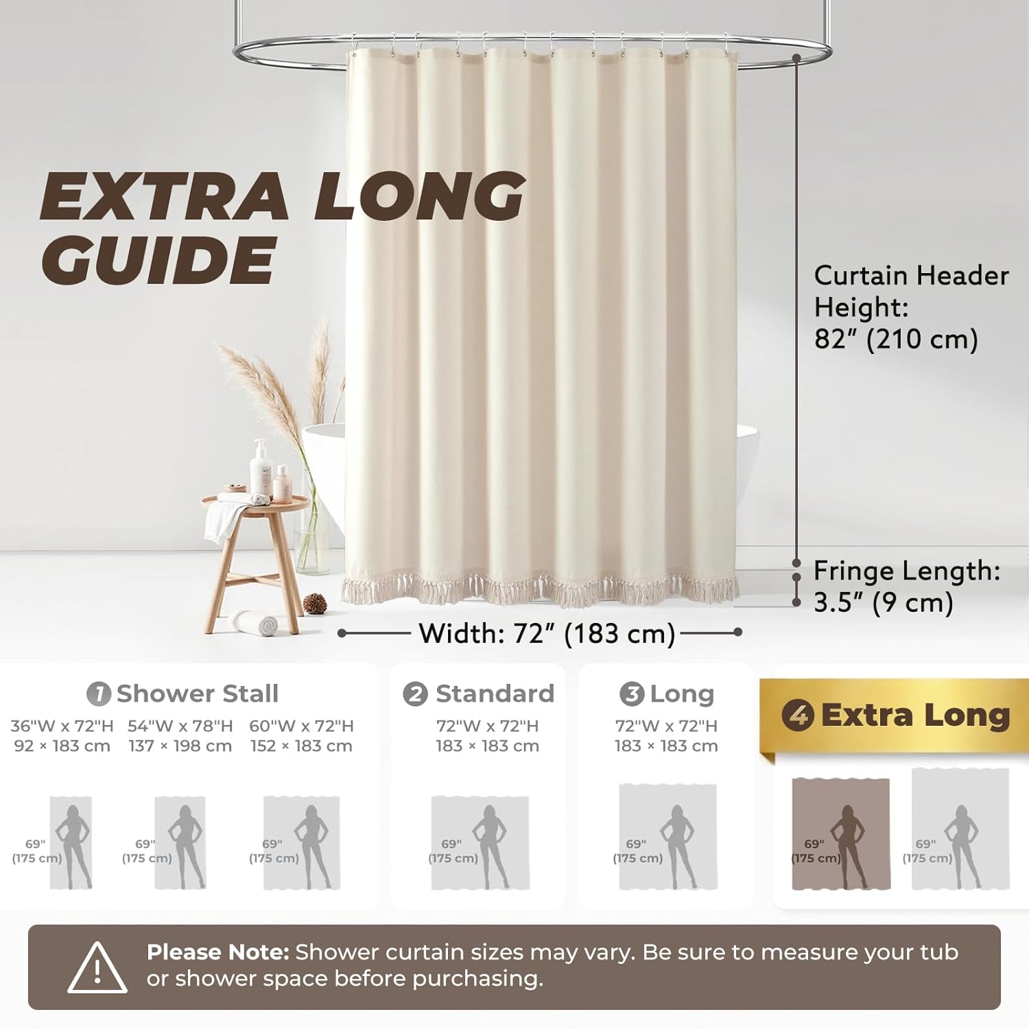 Extra Long Shower Curtains 72 x 84 Inches Natural Linen Shower Curtain with Tassels, Country Boho Farmhouse Bath Decor Beige Shower Curtains for Bathroom Neutral Fabric Bath Curtain