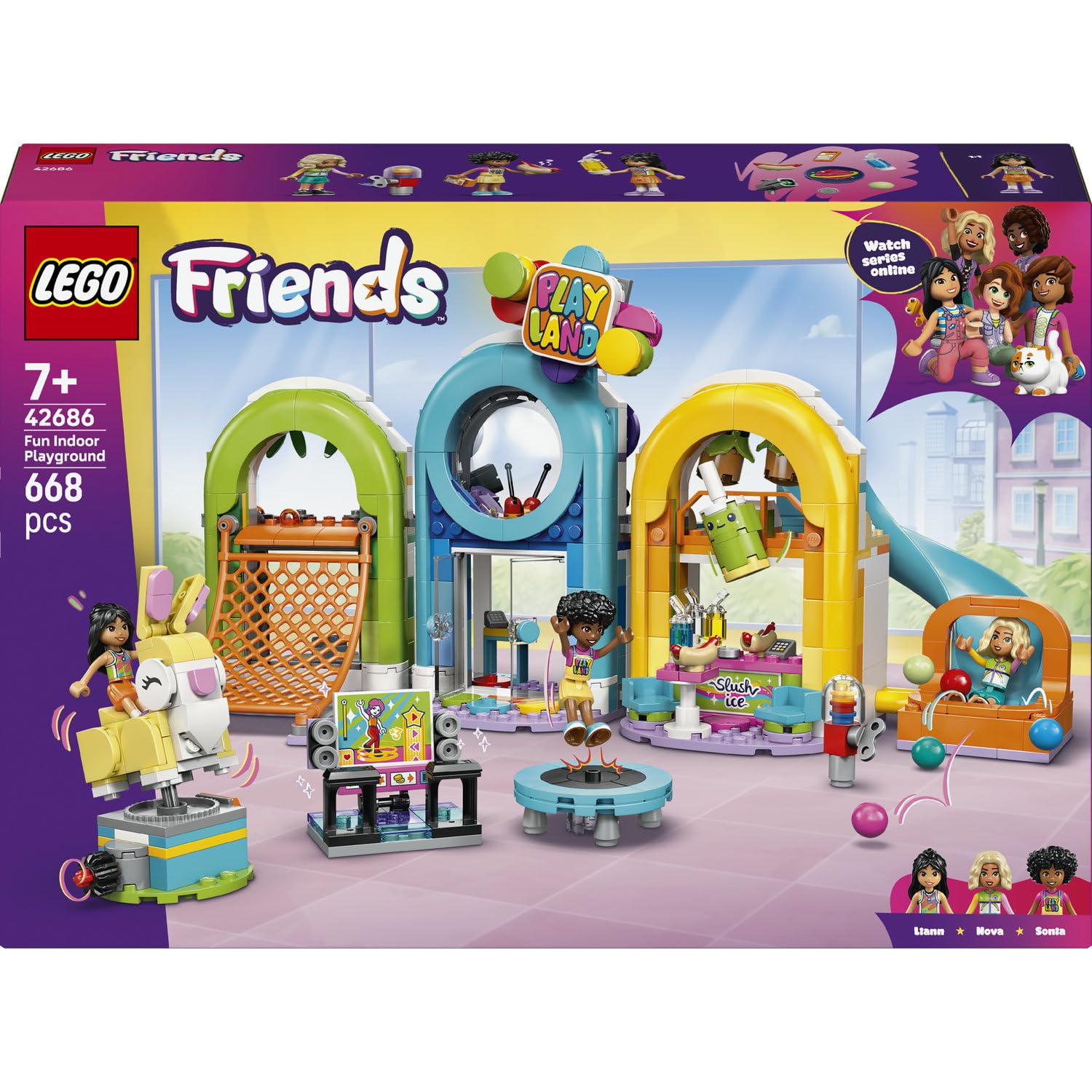 LEGO Friends Cooler Indoor-Spielplatz 42686 | Spielzeug ab 7 Jahren für Mädchen, 3 Mini Puppen & Zubehör, mit Rutsche, Bällebad, Karussell, Snackbar, Geschenk, 668 Teile