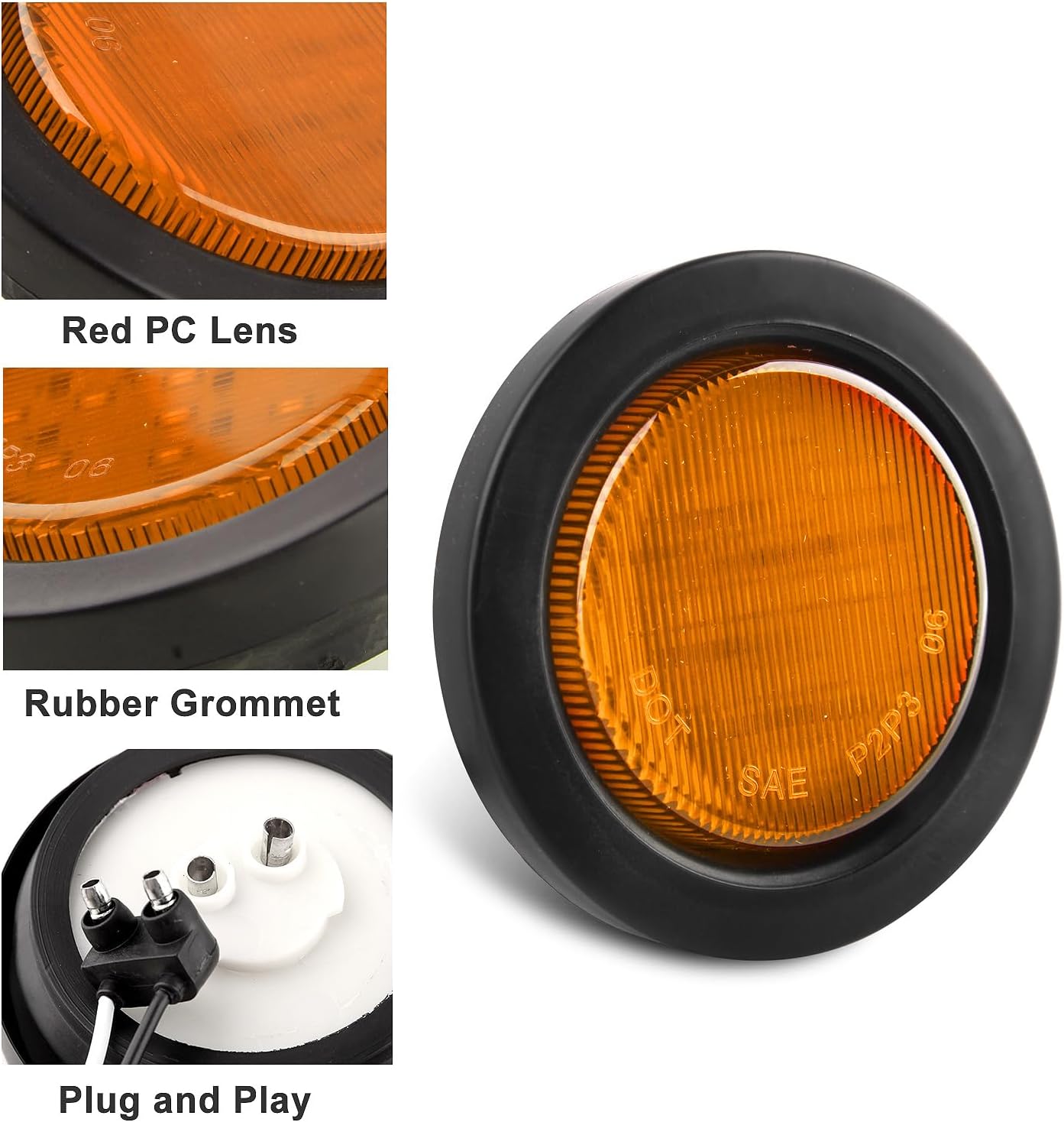 Partswcgg 10Pcs 2.5" Inch Round Led Trailer Marker Lights, 2 1/2" Inch Round LED Side Marker Clearance Marker Lights Stripe 13LED Sealed Truck Flush Grommet Mount w/2 Prong Wire Pigtails(5Amber+5Red)