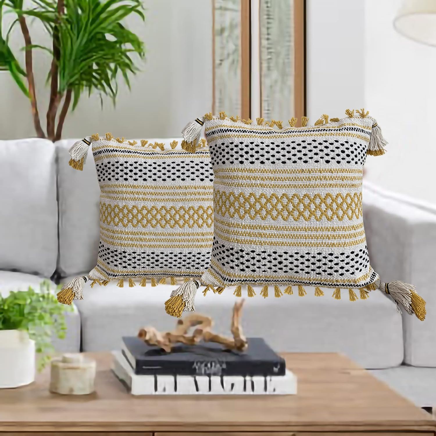 Set of 2 Boho Throw Pillow Covers for Couch, 18 x 18 Inch Cotton Hand-Woven Tufted Decorative Pillows Covers Bedroom Living Room, Farmhouse Color: White & Black with Hand Crafted Tassels