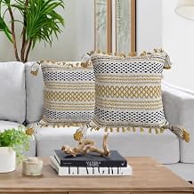 Set of 2 Boho Throw Pillow Covers for Couch, 18 x 18 Inch Cotton Hand-Woven Tufted Decorative Pillows Covers Bedroom Living Room, Farmhouse Color Black & Ochre with Handcrafted Tassels