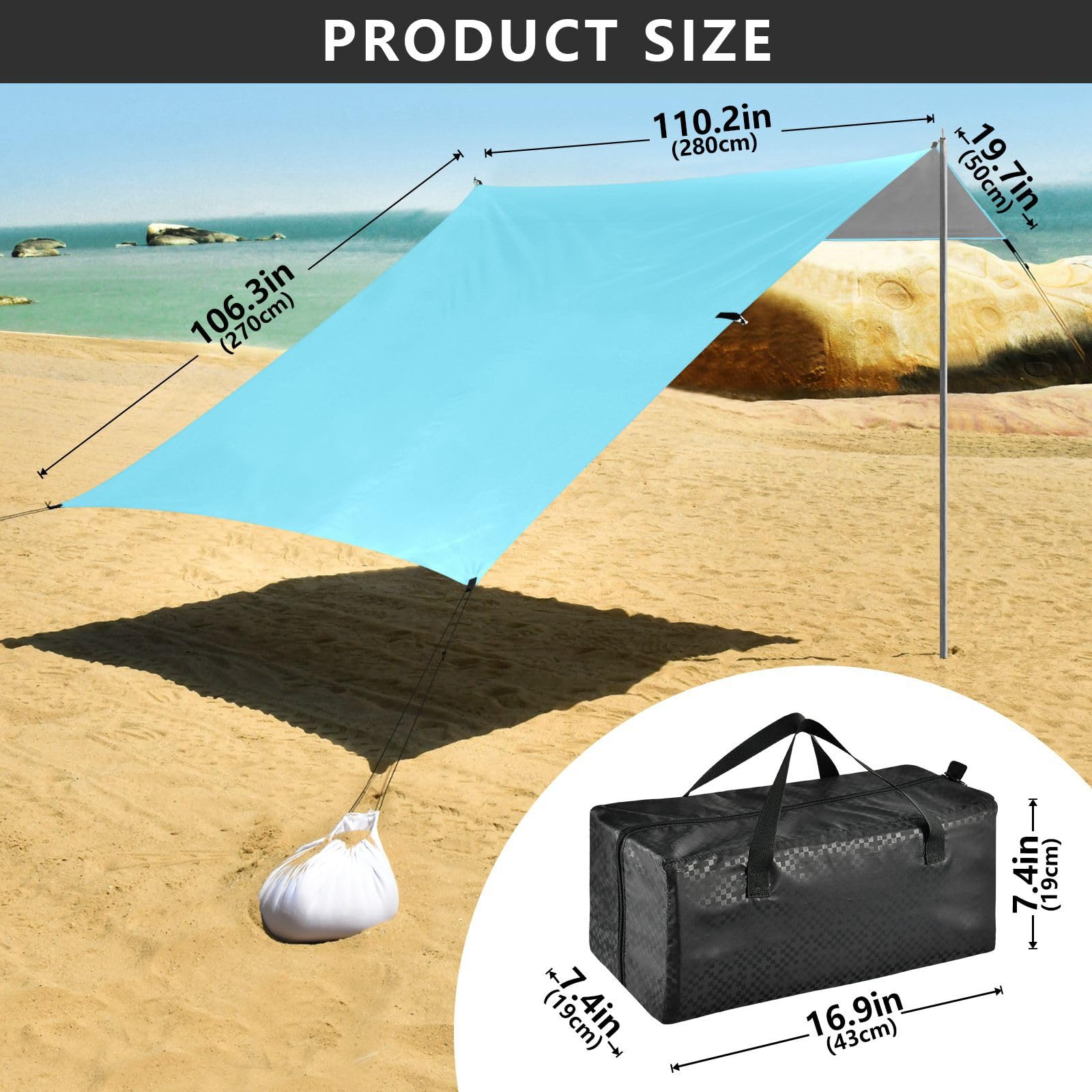 Tenda da spiaggia leggera UPF50 con design blu, include pala per sabbia, sacchi di sabbia, pali di stabilità per viaggi in famiglia, picnic e accessori da campeggio per Playa
