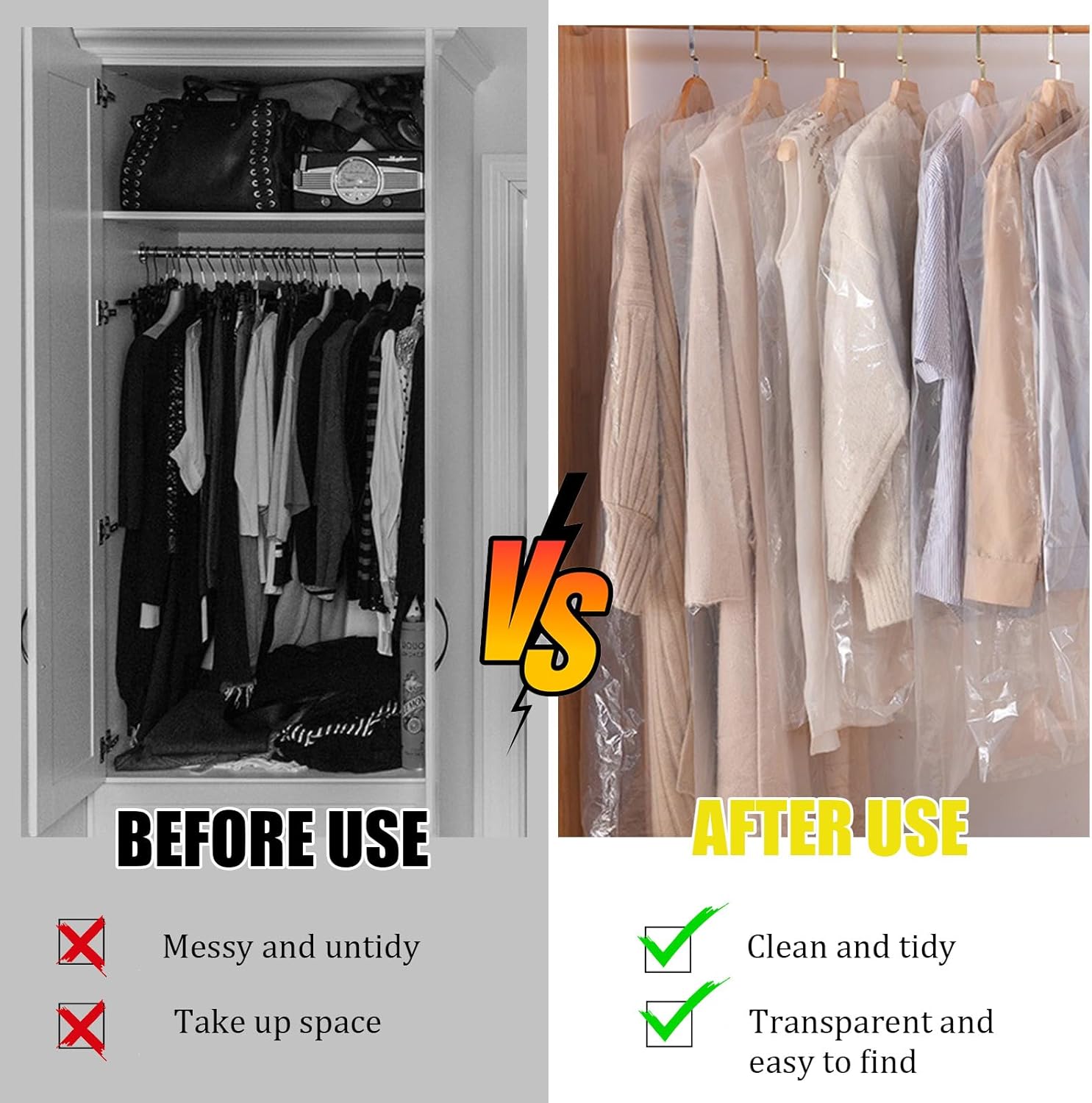 100 Pack Garment Bags for Hanging Clothes 59" Plastic Clear Garment Bags Dry Cleaner Bags Transparent Dust-proof Clothes Covers Bags for Closet Storage, Dry Cleaner, Travel - Image 7