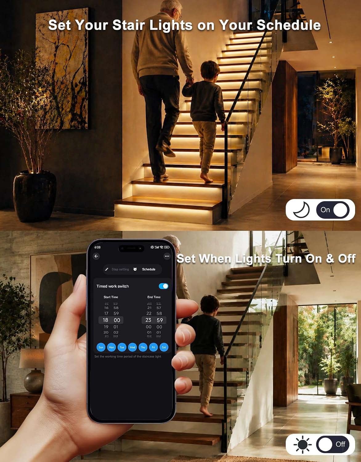 Motion Sensor Stair Lights, 16-Step Indoor Stair Lighting Kit | APP+Remote+Motion Sensor Control, 40in 480 LEDs/m COB Strips Lights, Always-On Mode, Step-by-Step Lighting, Schedule On/off