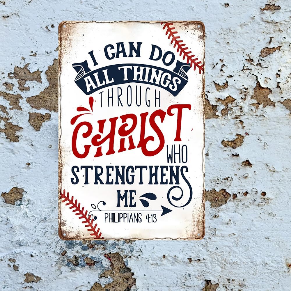 Baseball Decor Baseball Accessories Inspirational Baseball Sign Vintage Metal Tin Sign Baseball Gifts I Can Do All Things Through Christ Signs For Boys Room Sports Decor Baseball Wall Decorations 8x12 Inch