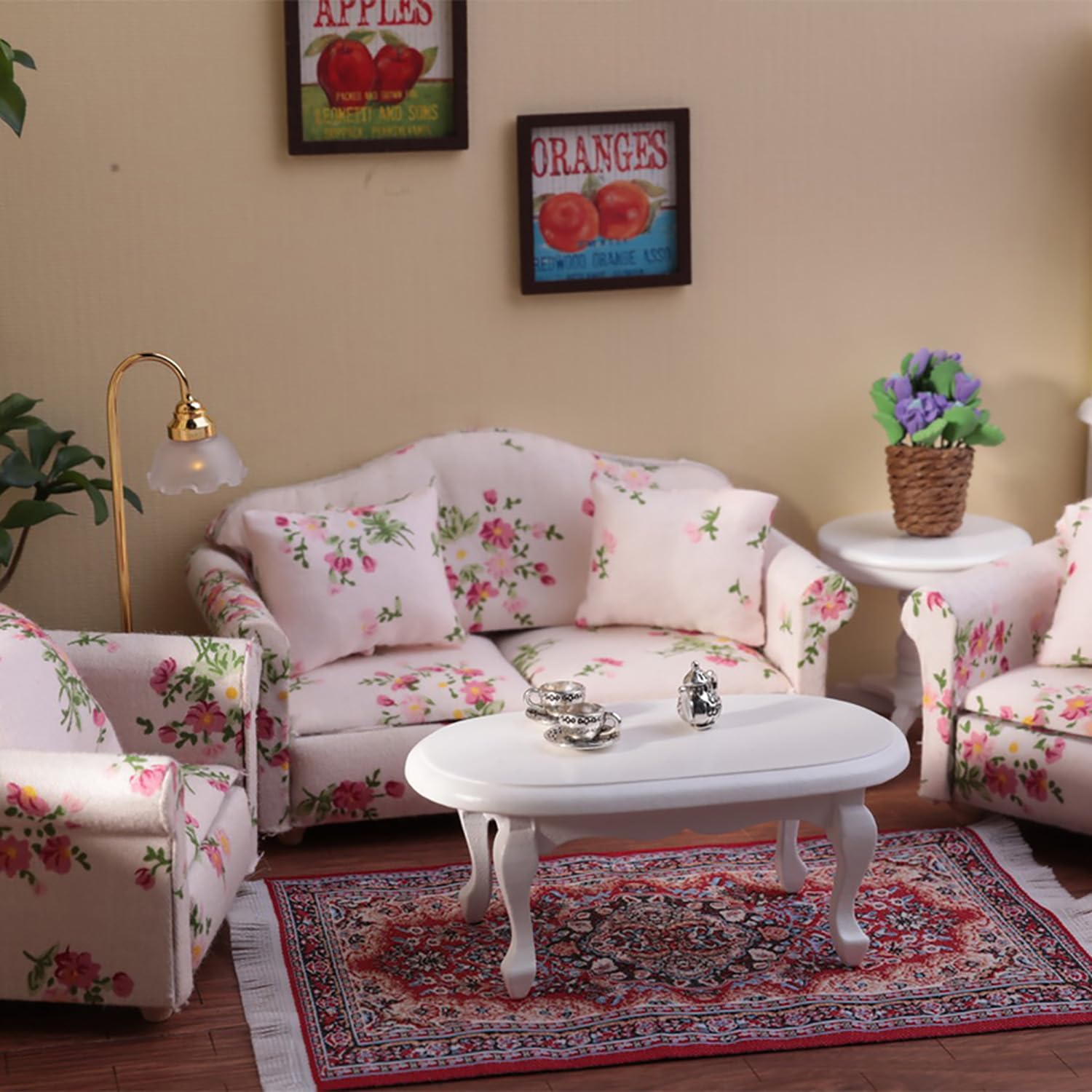1:12 Dollhouse Couch Furniture Set, 16Pcs Wooden Miniature Sofa Set, Dollhouse White Fabric Printed Double & Single Sofa with Pillow and Living Room Accessories