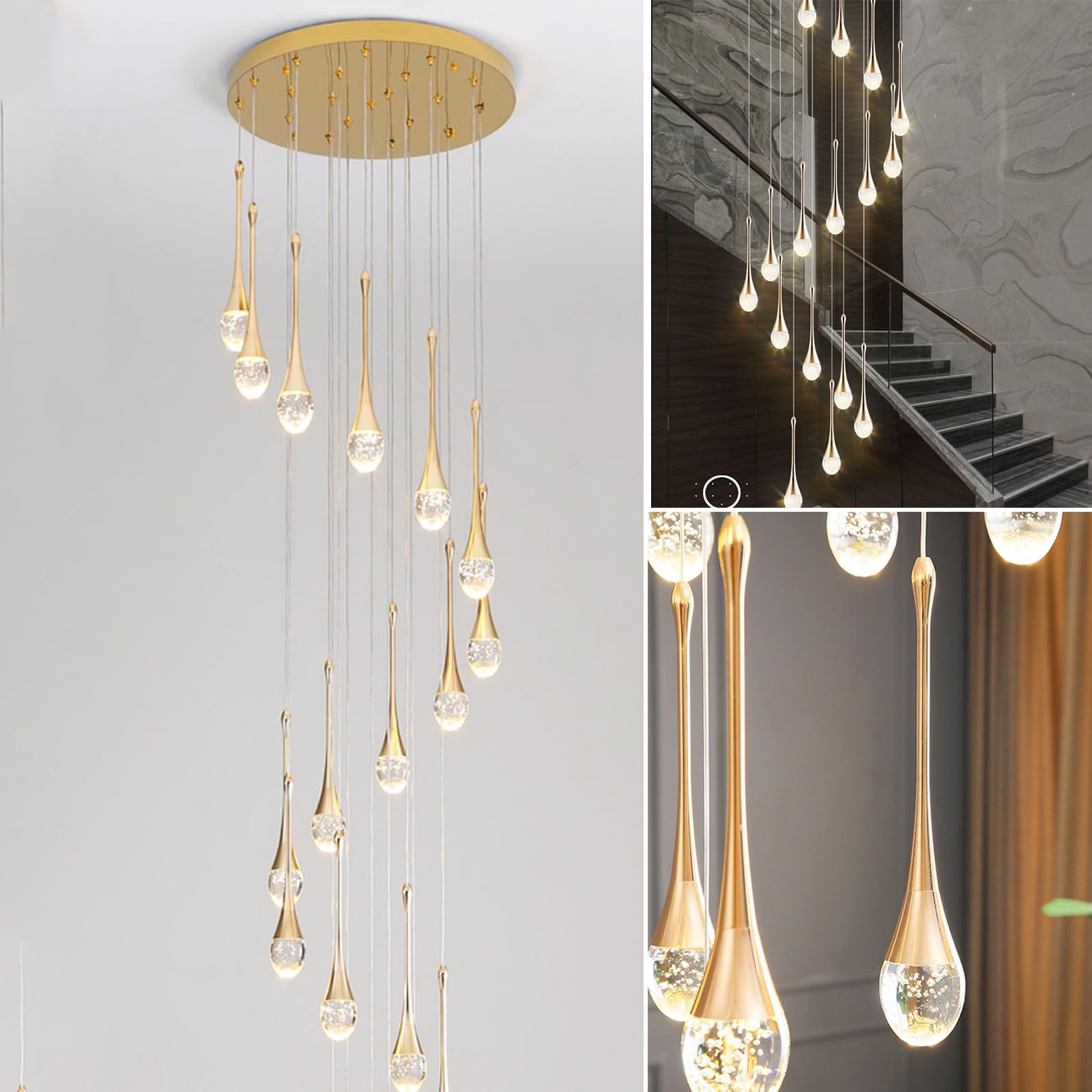 KXEcoLife Water Drop Long Chandelier Crystal Lights in The Villa Living Room Restaurant Staircase Pendant Lamp Foyer High Ceiling (18head)