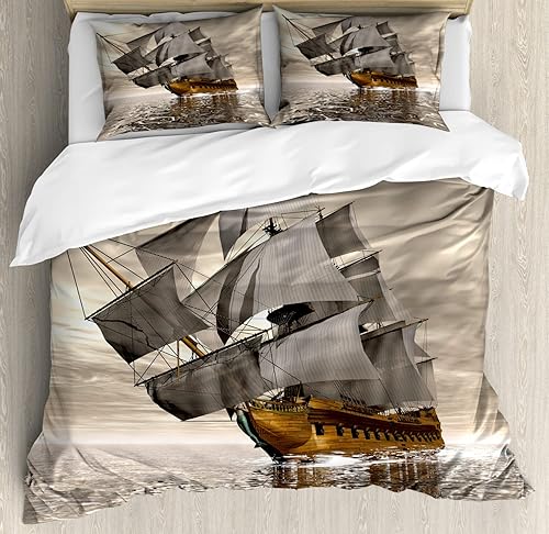 Miniatura 133 de Ambesonne Juego de funda de edredón de brújula, ilustración de mapa del mundo, marinero marítimo, equipo de vida monocromático, juego de ropa