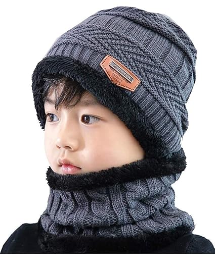 Standard 2Pcs Kids Boys Winter Warm Knitted Cap with Fleece Scarf Set|Neckwarmer|Fleece Lining Cap with Neckwarmer (Freesize)
