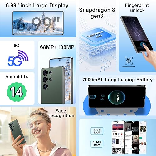 Miniatura 2 de I25 Ultra 5G - Teléfono inteligente desbloqueado, 12 GB+512 GB para Android 14, teléfono celular desbloqueado de 6.99 pulgadas, 7000 mAh, 68 MP+108