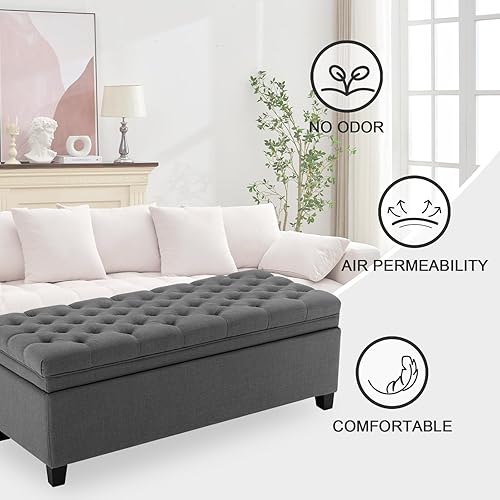 Miniatura 7 de adochr Otomana de almacenamiento de tela de 50 pulgadas, banco de pie de cama con gran almacenamiento, banco tapizado moderno con patas de madera,