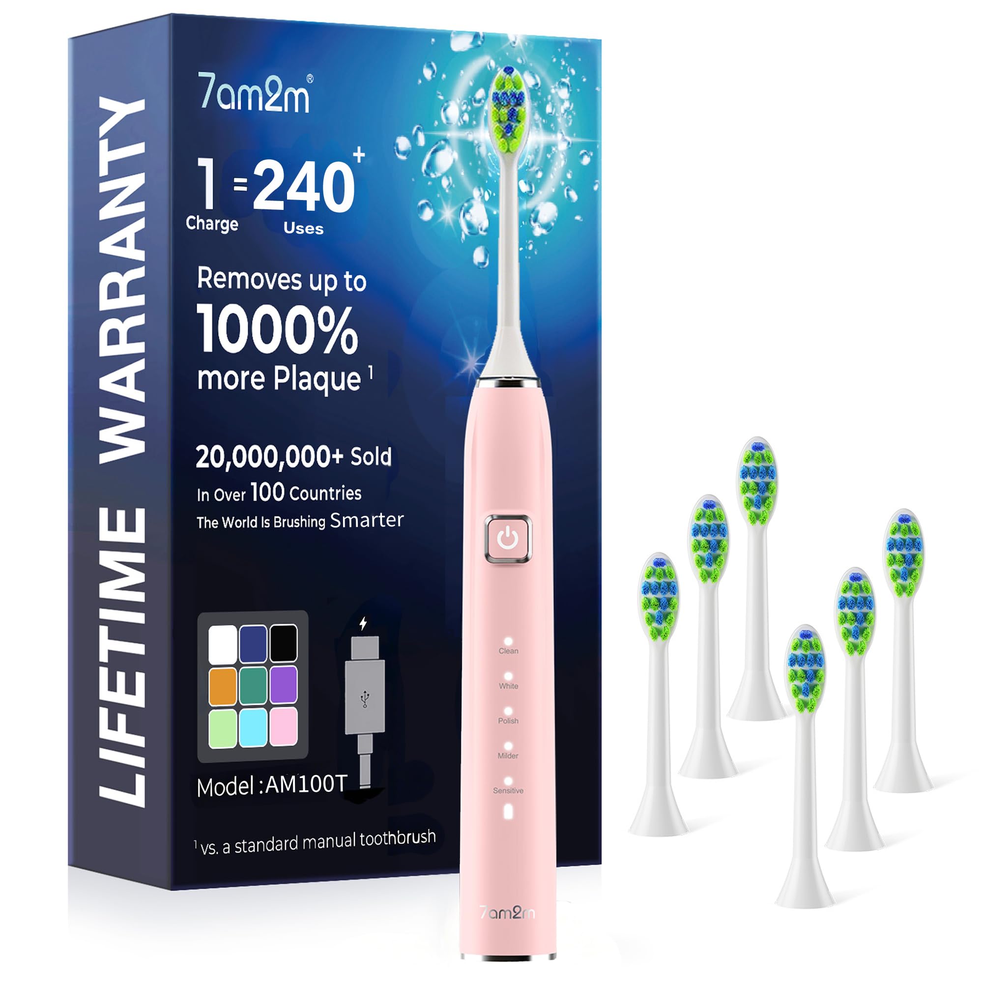 7AM2M Sonic Electric Toothbrush for Adults,Type-C Charging Run for 120 Days