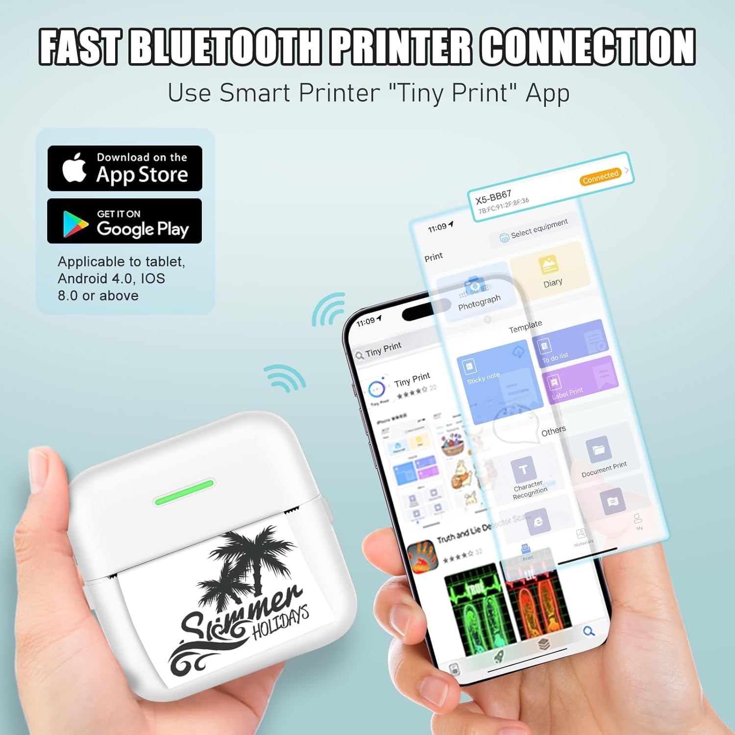 Sticker Printer, Portable Thermal Inkless Printer with 10 Rolls Printing Paper, Print Pods, Mini Printers for Journal, Notes, Kids Gift, Compatible with Android & iOS