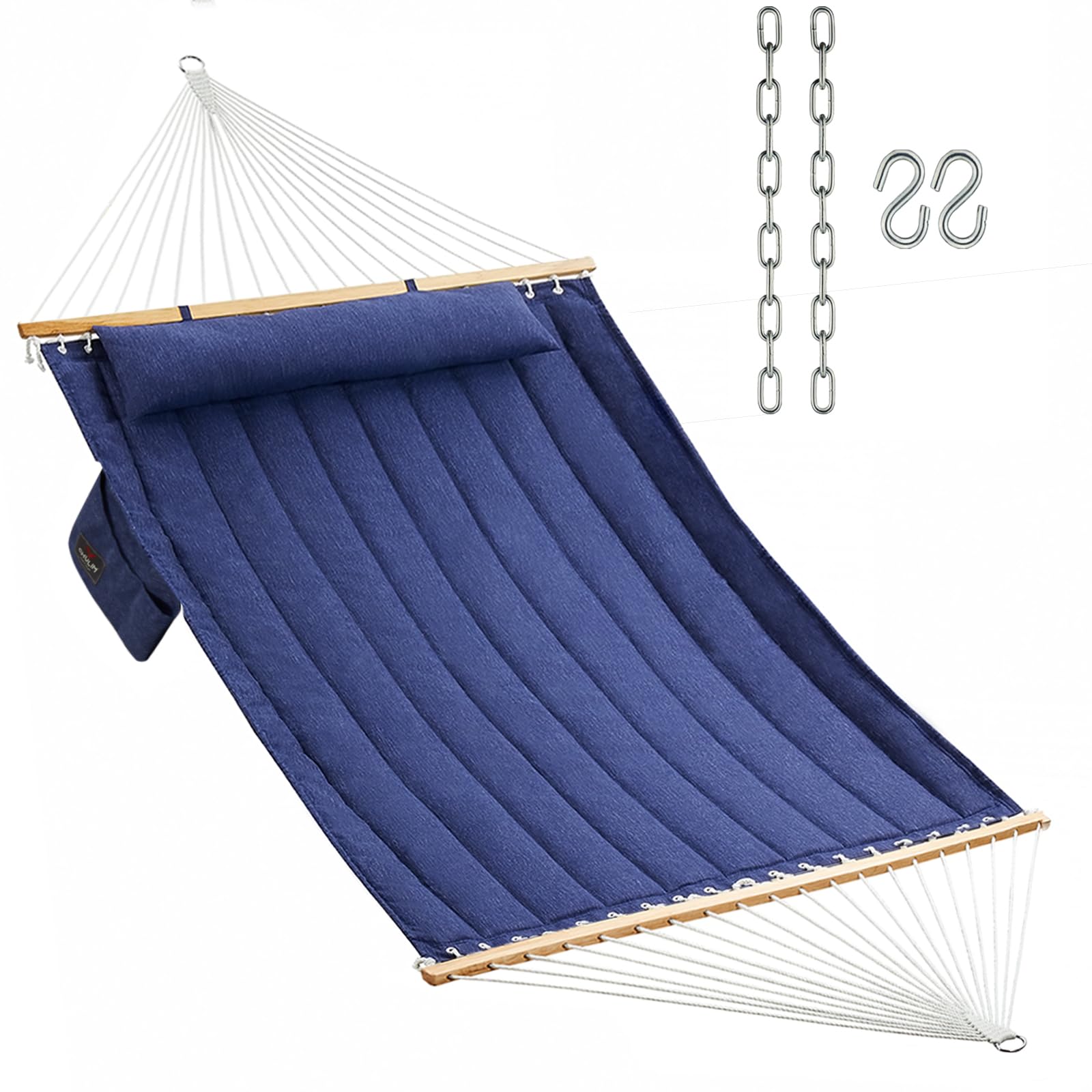 Double Quilted Fabric Hammock with Hardwood Spreader Bars and Pillow 450 LBS Capacity 2 Person Large Hammock for Outdoor Patio Backyard Poolside - Dark Blue